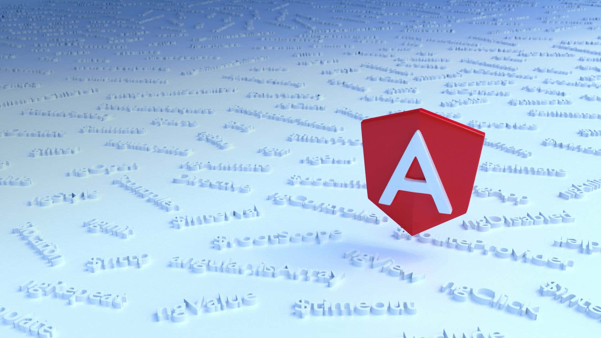 Angular 標誌在 3D 渲染中從 JavaScript 程式碼的海洋中升起。 — 3D 壁紙