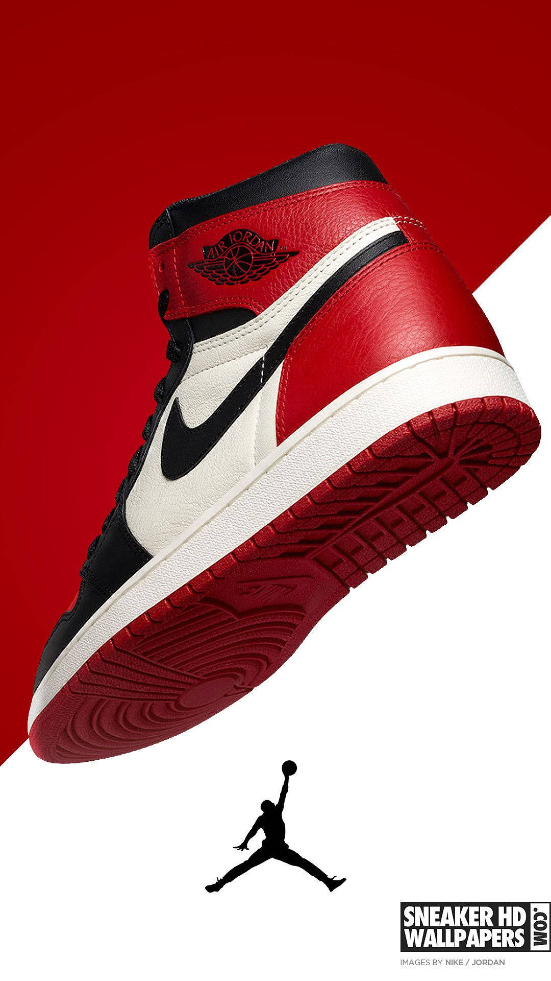 Air Jordan 1 運動鞋，帶有 Jumpman 標誌，背景為紅白色。 — Air Jordan 壁紙