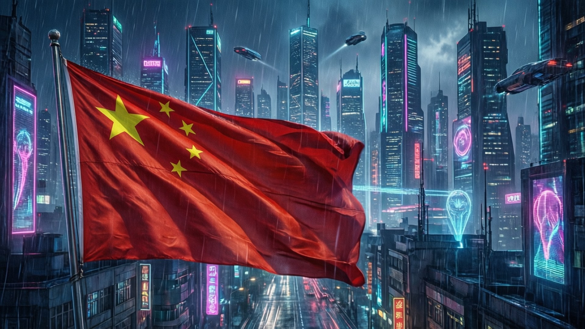 中國國旗 桌布 壁紙 — 一面紅色中國國旗在雨中勇敢飄揚，背景是霓虹燈閃爍的未來城市景觀，有飛行車輛和高聳的摩天大樓。