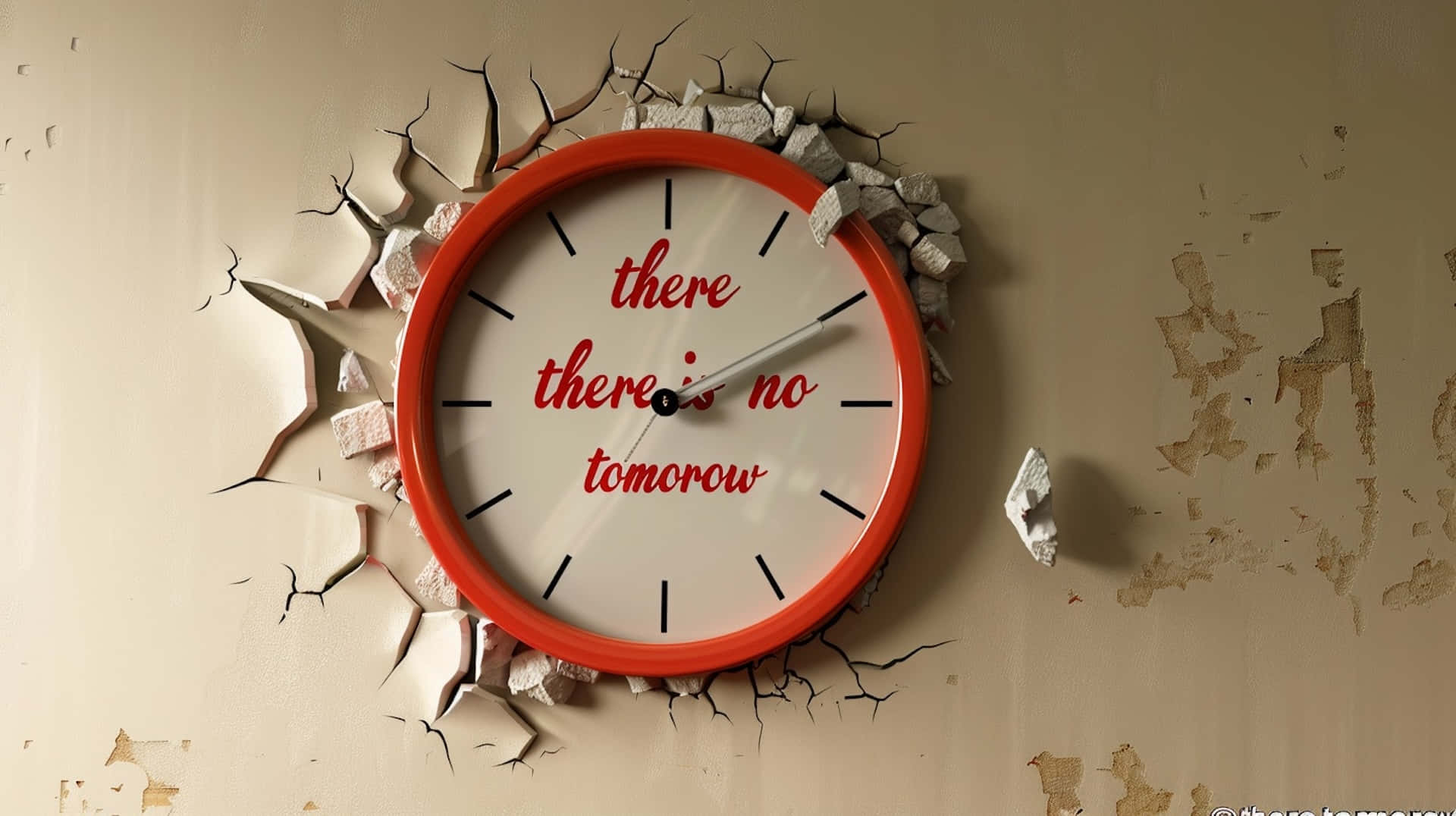 There Is No Tomorrow 桌布 壁紙 — 一個紅色時鐘帶有文字「沒有明天」，衝破裂開的米色牆壁，象徵緊迫性和時間壓力。
