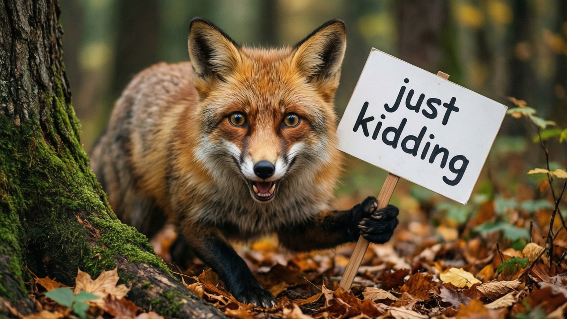 Sly Fox Prankster 壁紙 — 一隻紅狐在森林中舉著一個寫著「just kidding」的牌子，周圍滿是落葉。