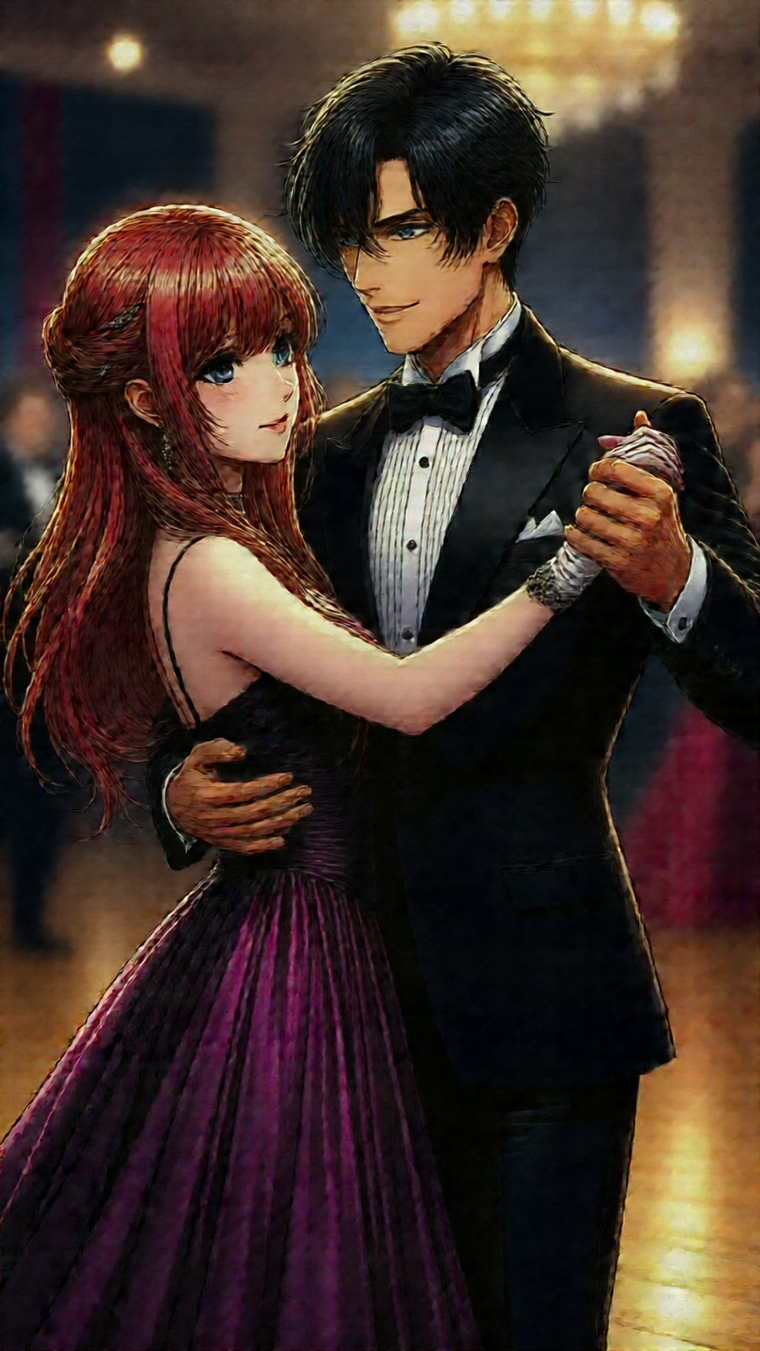 Spike and Julia Dance 壁紙 — 一位紅髮女子身穿紫色長裙，在溫暖的吊燈燈光下與一位穿黑色西裝的男子親密共舞。