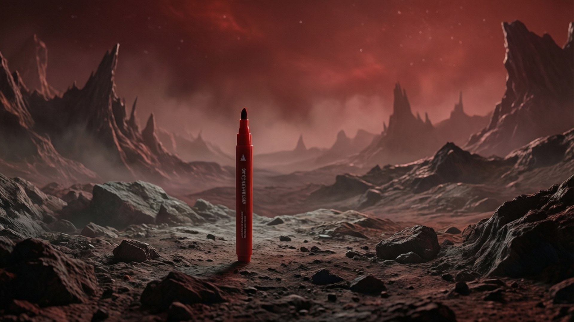 Marker on Desolate Planet 壁紙 — 一個紅色標記直立於岩石外星行星上，有鋸齒狀山脈，在血紅色天空下。