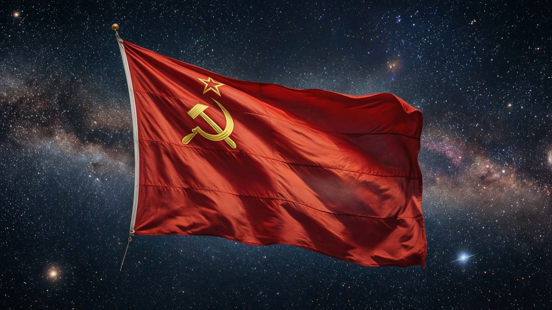 桌布 壁紙 — 一面帶有金色鎚子、鐮刀和星星的紅色蘇聯旗幟，在銀河系點綴的星空宇宙背景下飄揚。
