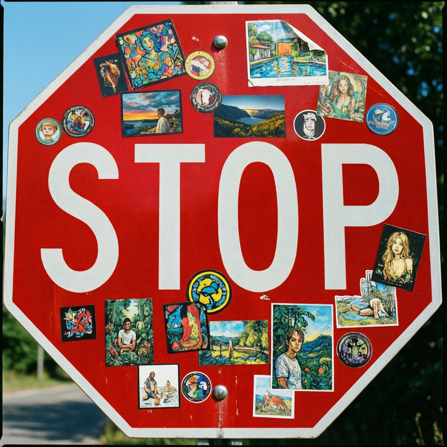Sticker Stop Sign 壁紙 — 一個紅色停車標誌，上面貼滿了色彩繽紛的貼紙，描繪了人物、風景和藝術，背景是晴朗的藍天。