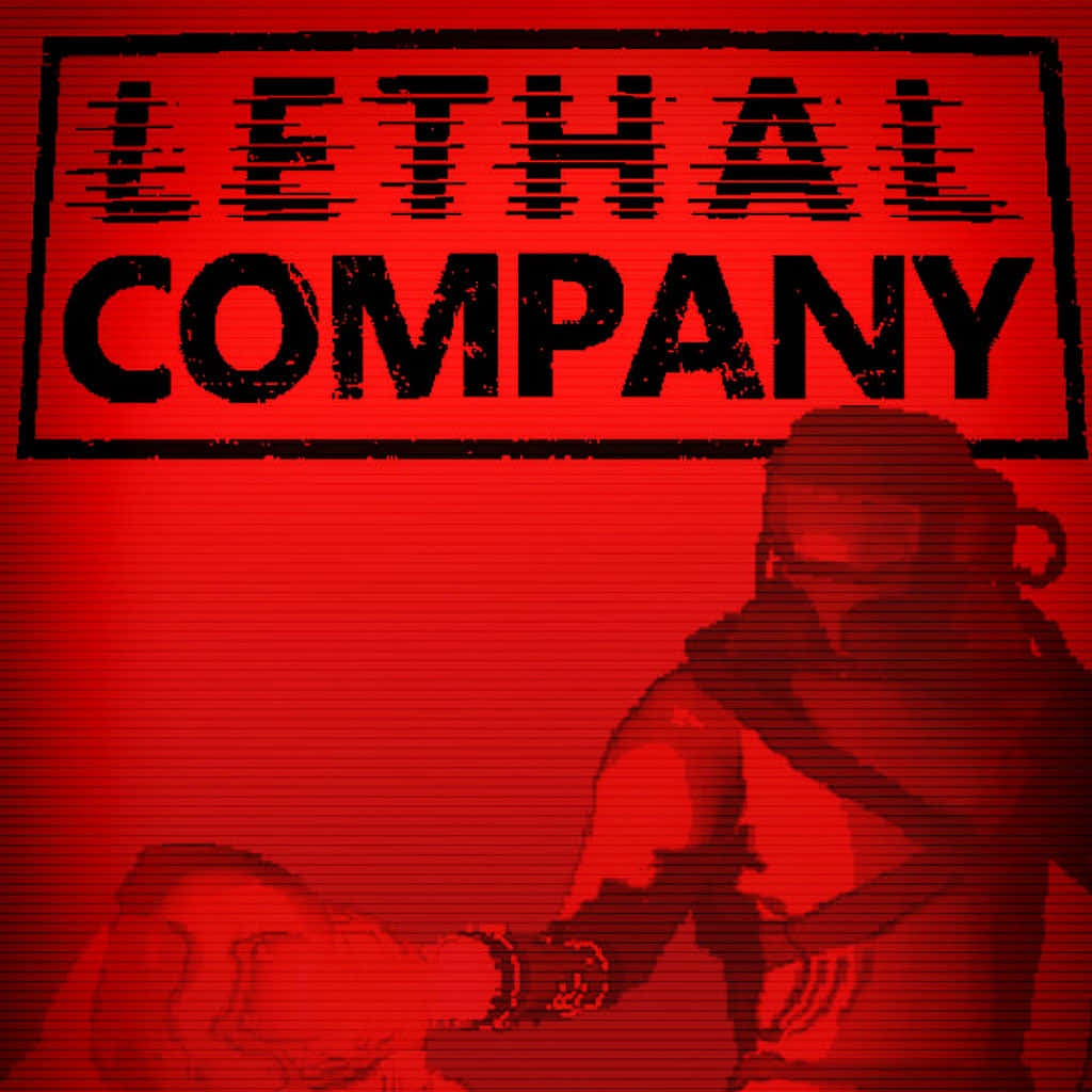  壁紙 — 一張為 Lethal Company 設計的紅色調數位藝術海報，展示一個戴面具的角色在故障背景中手持武器。