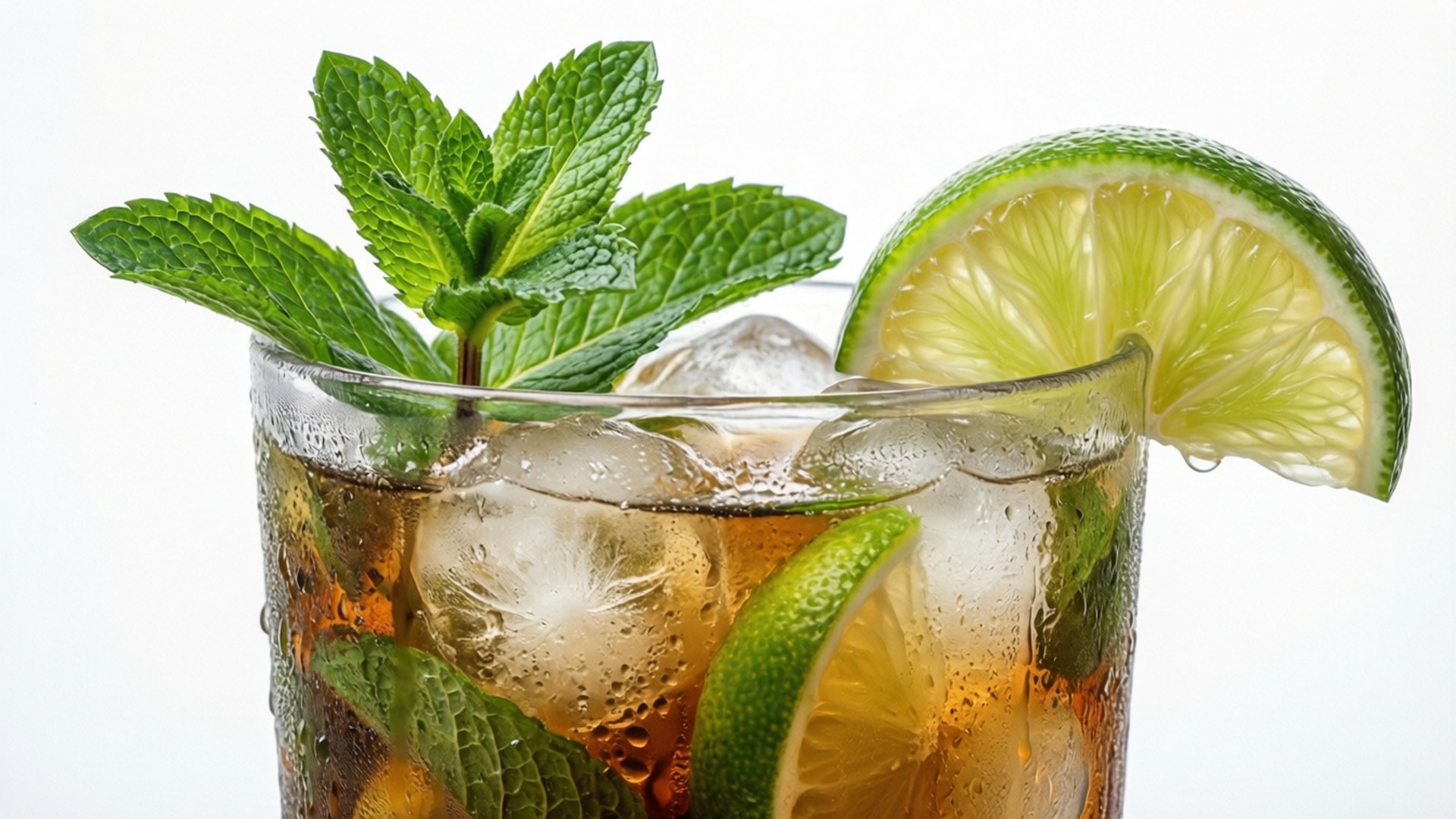 Tropical Drink 桌布 壁紙 — 一杯清爽的冰茶飲品，薄荷葉和萊姆片在透明玻璃杯中閃爍著冷凝水珠。