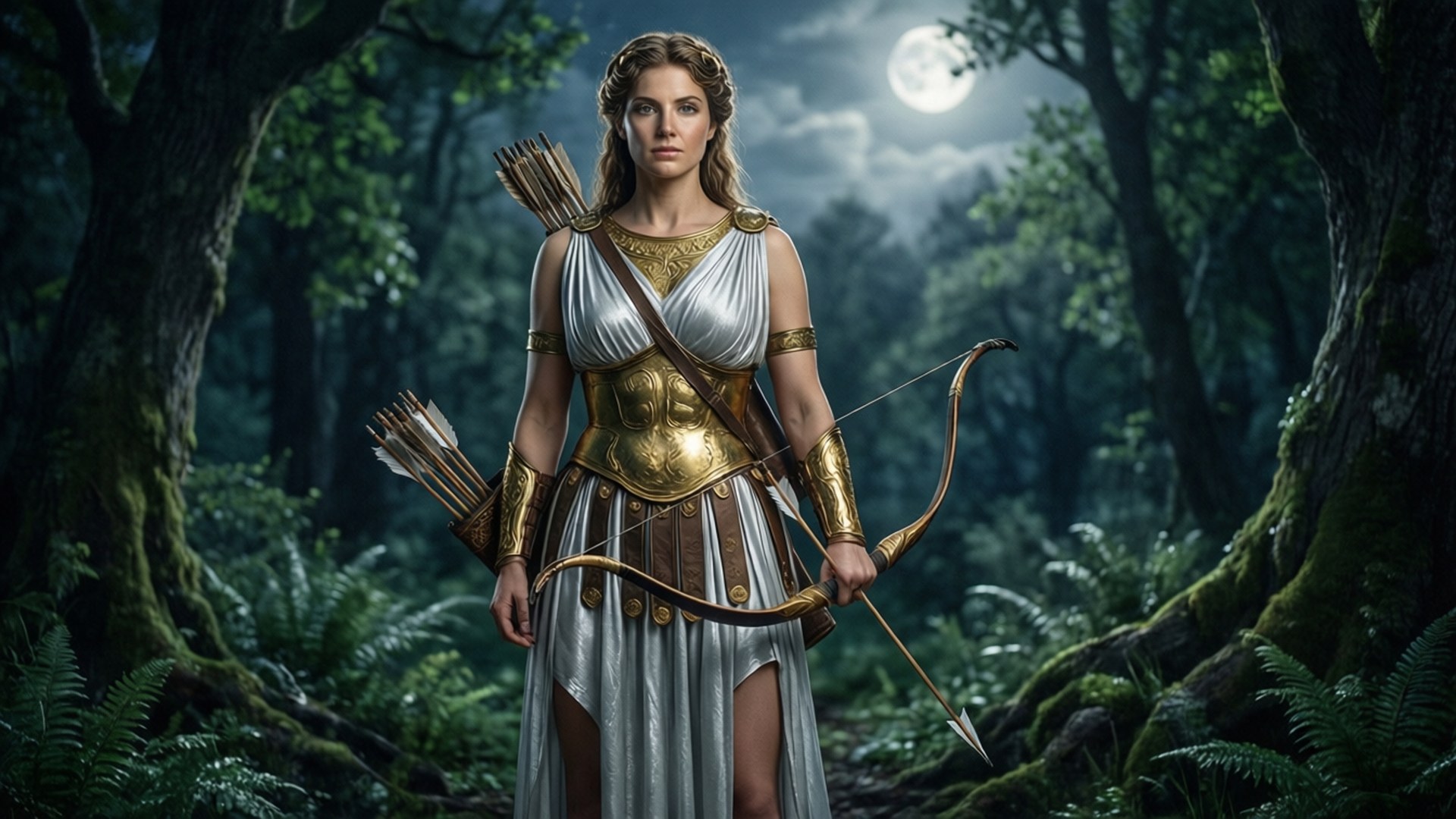 Artemis 桌布 壁紙 — 一位高貴的弓箭女神在月光照耀的森林中擺好姿勢，身穿閃亮的銀色和金色盔甲，手持弓和箭袋。