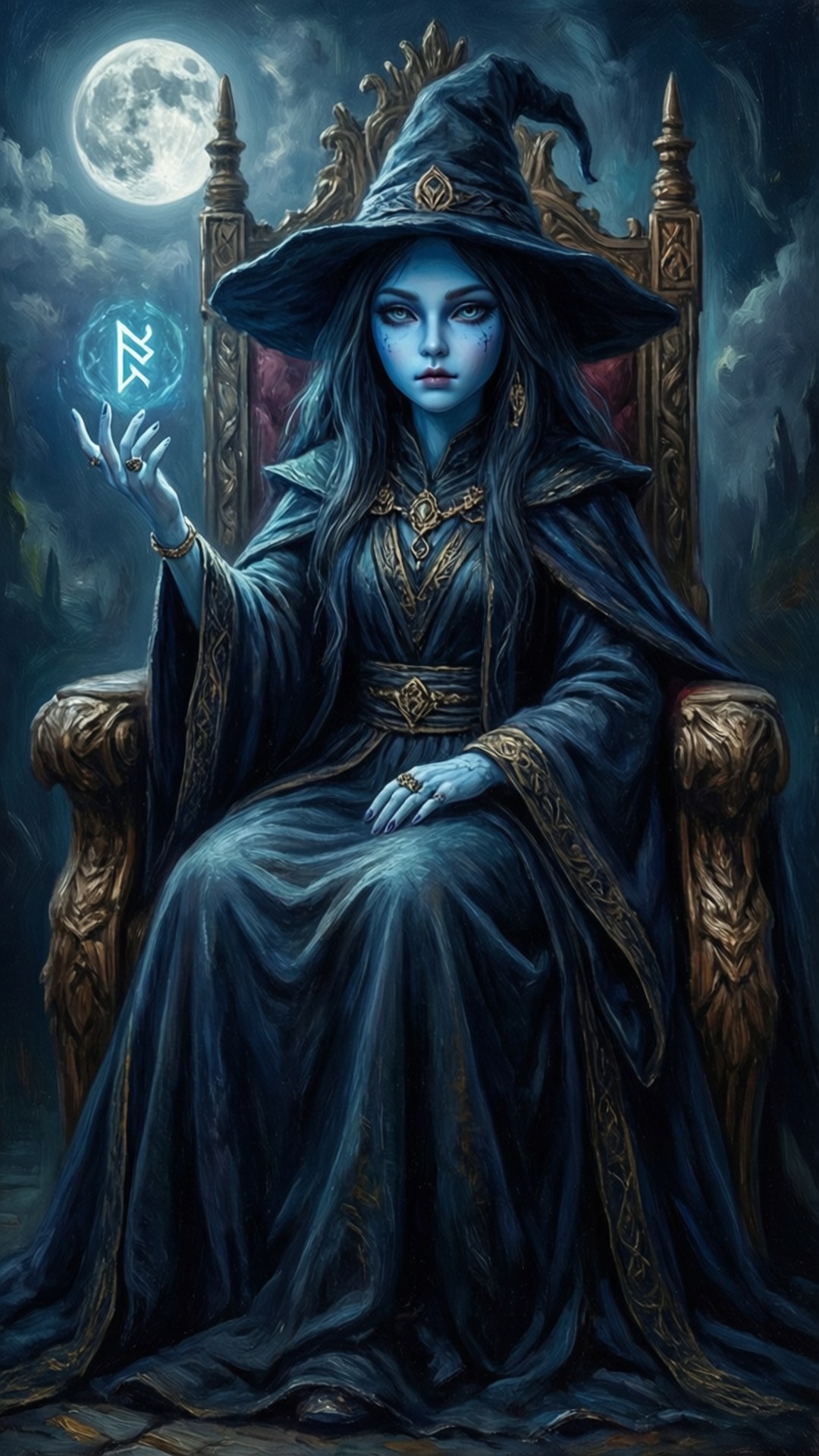 Ranni's Throne 壁紙 — 一位高貴的藍皮膚女巫，身穿深色長袍和尖頂帽，坐在華麗的王座上，在滿月下手中釋放發光的符文。