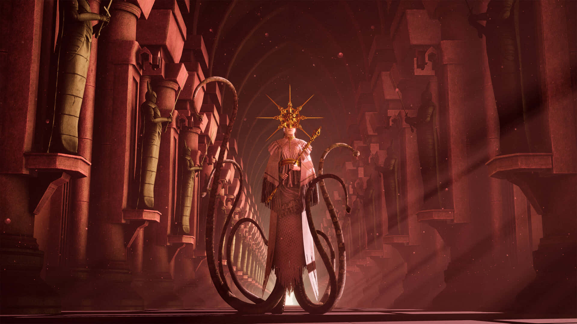 Dark Sun Gwyndolin 桌布 壁紙 — 一個戴著金色皇冠和觸手的威嚴人物，站在一個宏偉的紅色調大教堂般的走廊中，有雕像和拱門。