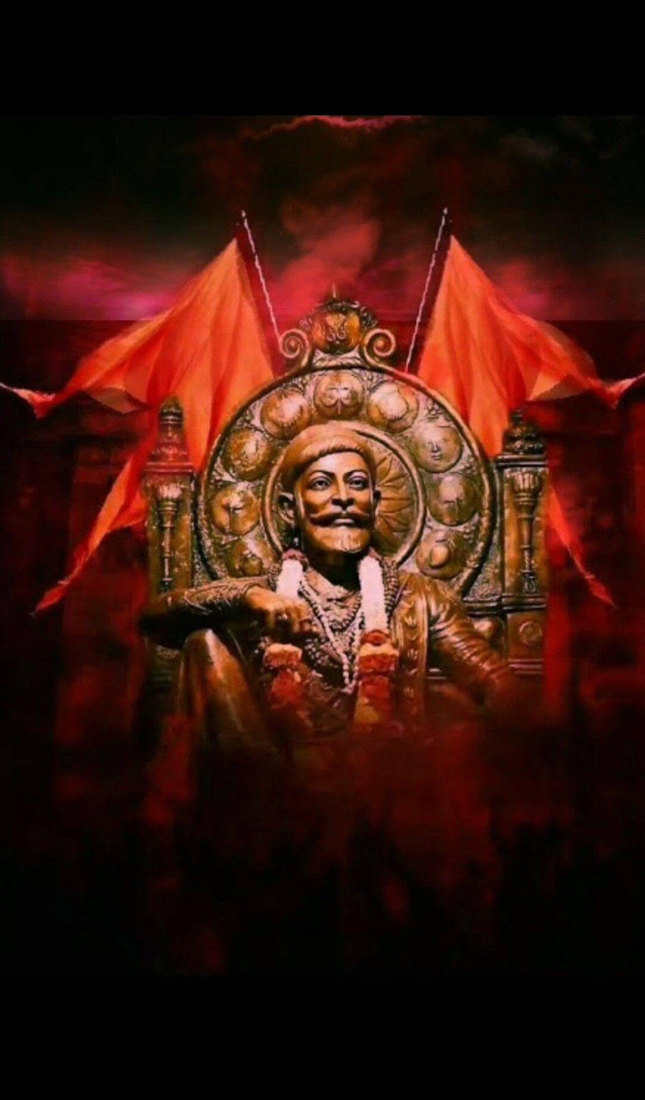 一位神聖人物坐在金色寶座上，紅色旗幟襯托著黑暗的天空。 — 希瓦吉 Maharaj 高清壁紙 壁紙