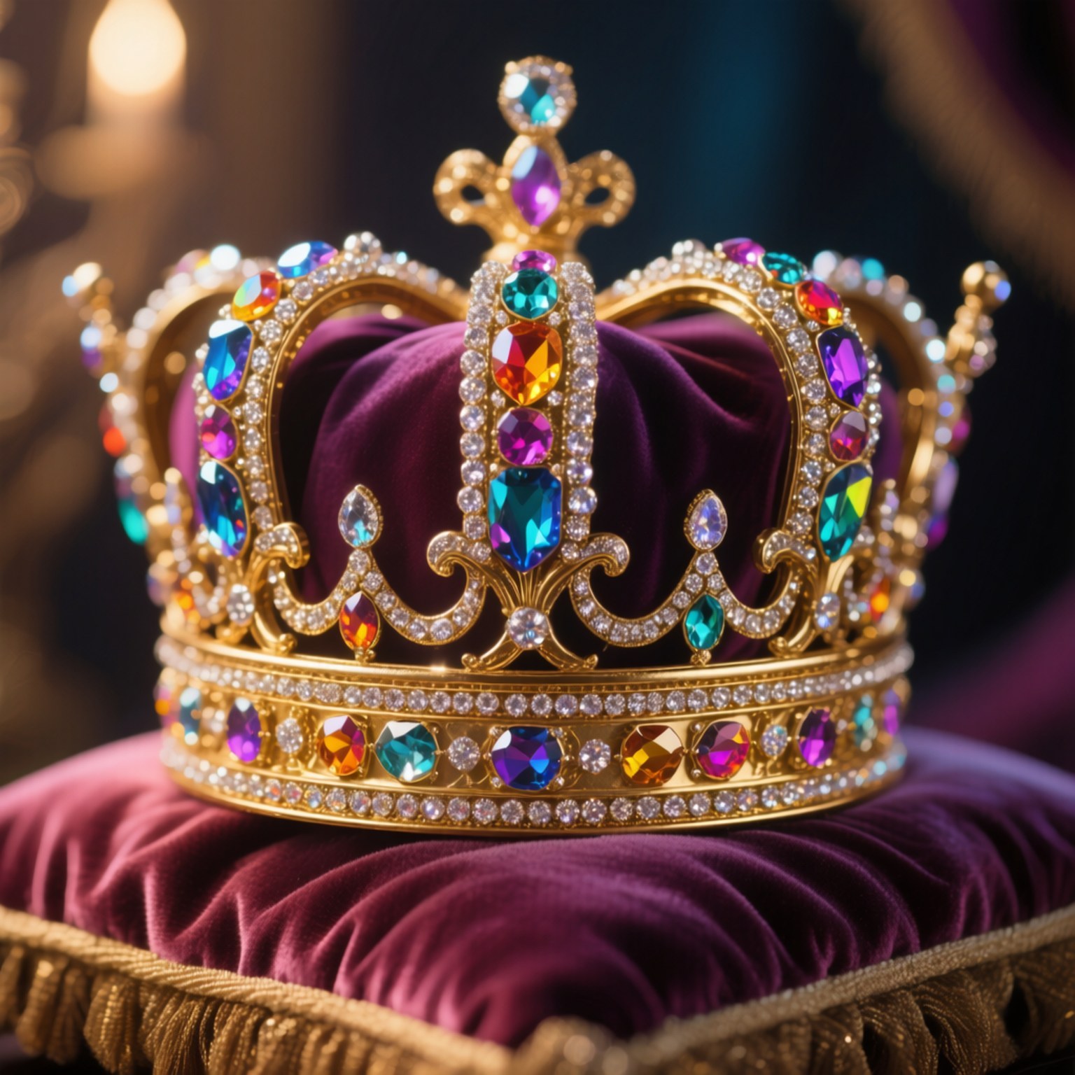 Rainbow Gem Crown 壁紙 — 一頂鑲嵌著多色寶石的華麗金色皇冠，安放在柔軟的紫色天鵝絨墊子上。