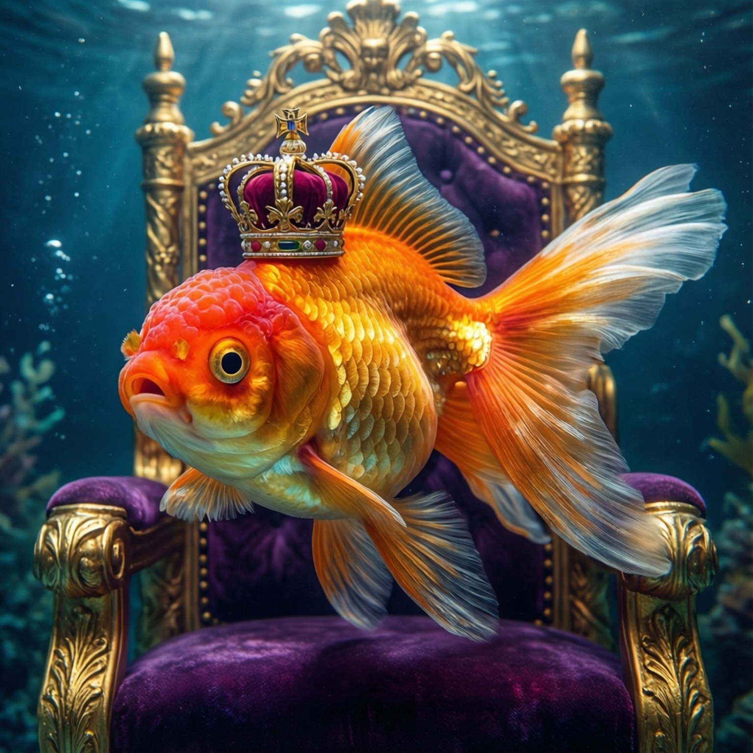 Crowned Goldfish Majesty 壁紙 — 一條高貴的金魚戴著鑲有寶石的王冠，威嚴地坐在水中華麗的王座上，周圍環繞著珊瑚。