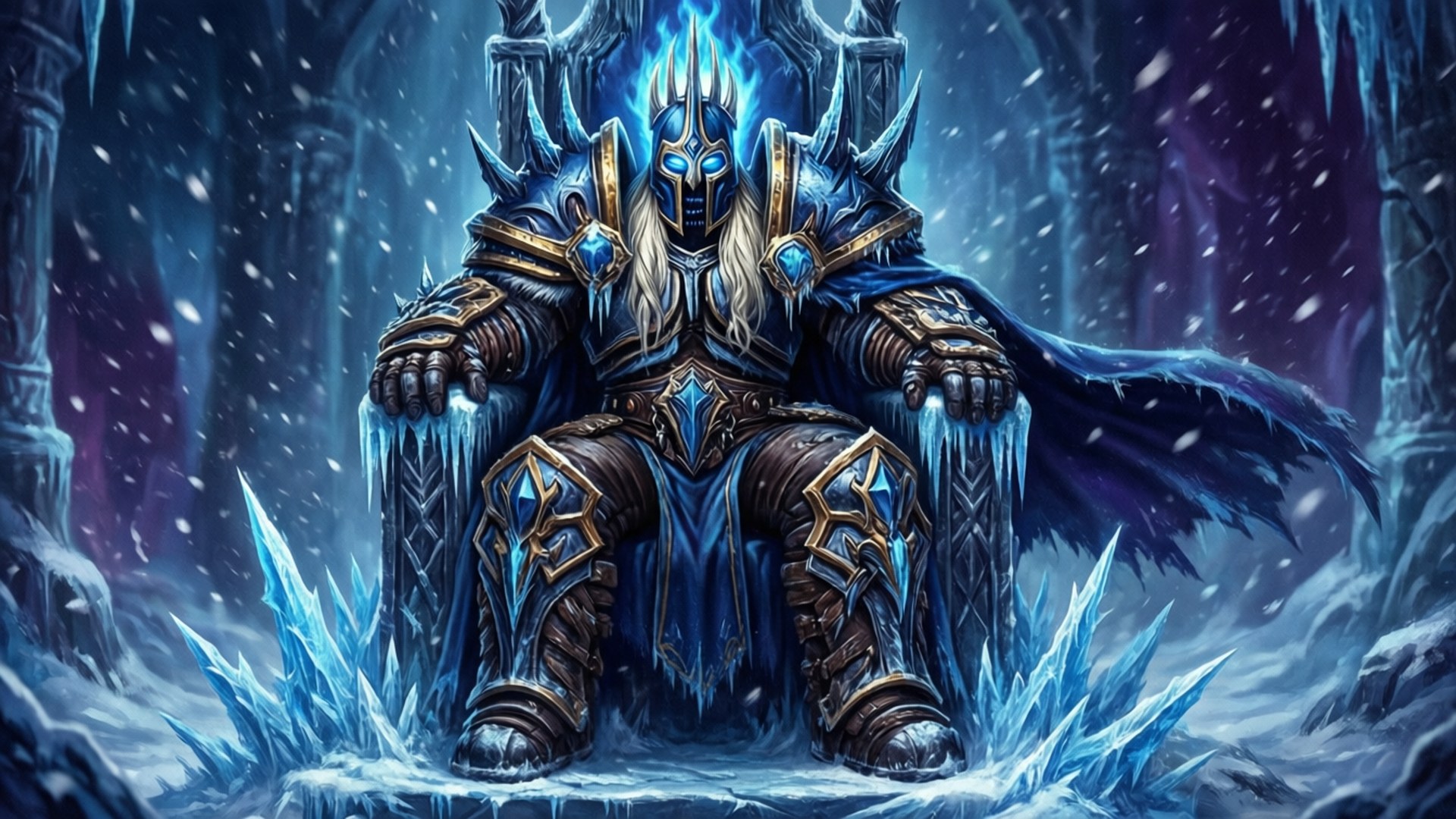 魔獸世界經典版 桌布 壁紙 — 一位威嚴的冰之王，擁有發光的藍色眼睛和尖刺盔甲，坐在雪洞中鋸齒狀的冰王座上。