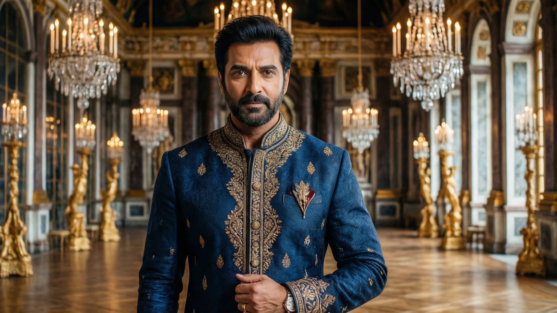 Royal Sherwani 壁紙 — 一位威嚴的男子身穿華麗的藍色皇室服飾，自信地站在裝飾著金色吊燈和鏡子的宏偉宮殿大廳中。