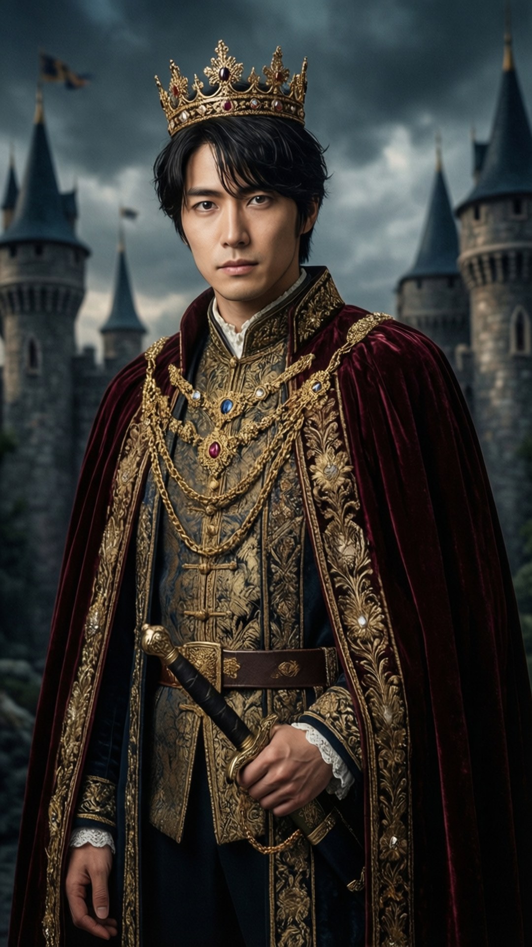Royal Prince Haruto 壁紙 — 一位威嚴的男子身穿華麗的金色盔甲和深紅色天鵝絨斗篷，站在暴風雨天空下的哥德式城堡前。