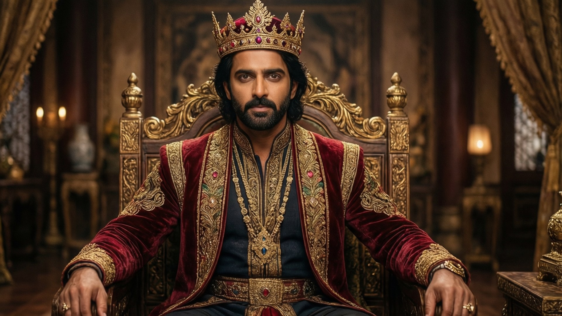 King Prabhas 壁紙 — 一位留鬍鬚的威嚴男子，戴著鑲有寶石的王冠，穿著華麗的紅色天鵝絨長袍，坐在昏暗皇家房間裡一個精緻的金色寶座上。