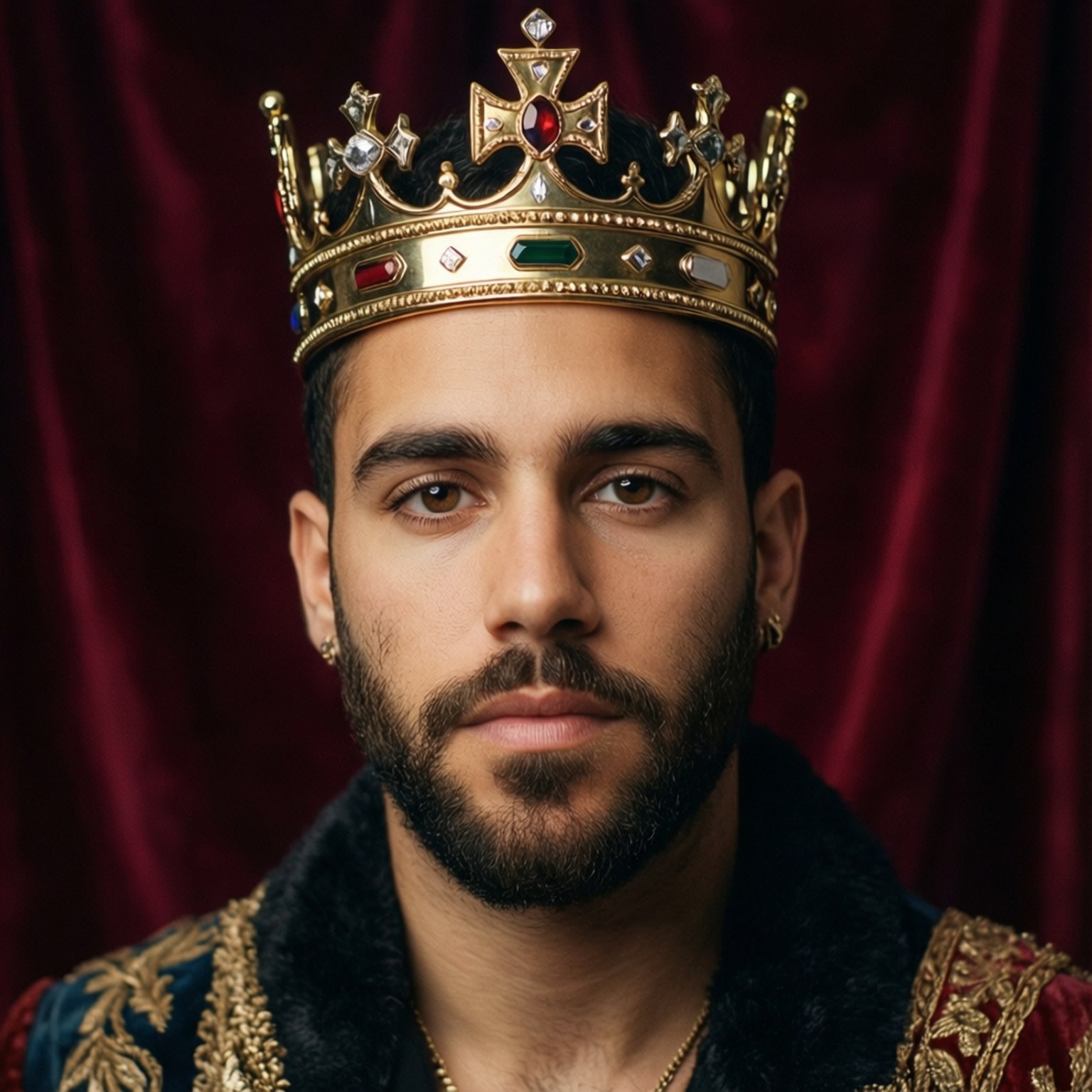 King Maluma Crown 壁紙 — 一位留鬍鬚的威嚴男子，戴著鑲有寶石的金色王冠，身穿華麗的皇家長袍，背景是深紅色天鵝絨窗簾。