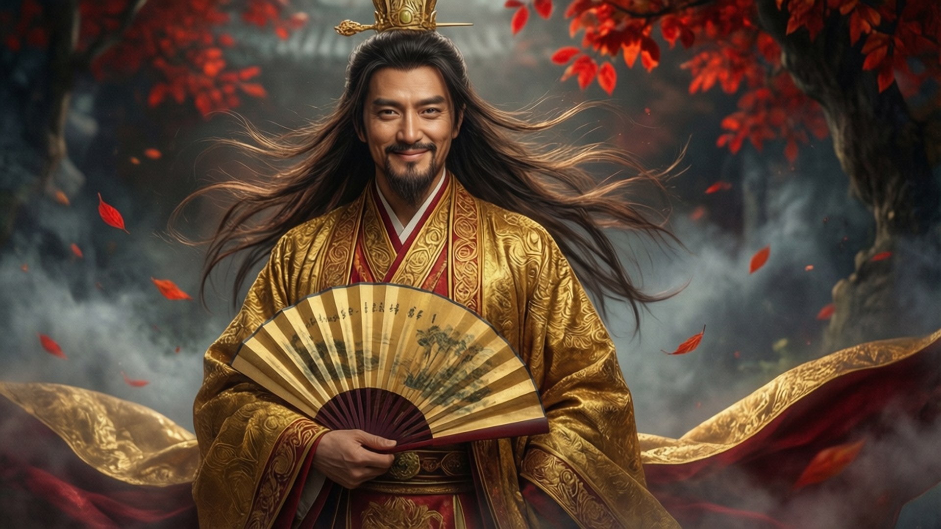 Golden Deception 壁紙 — 一位威嚴的長黑髮男子穿著華麗的金色長袍，在旋轉的紅色秋葉和霧氣繚繞的樹木中手持扇子。