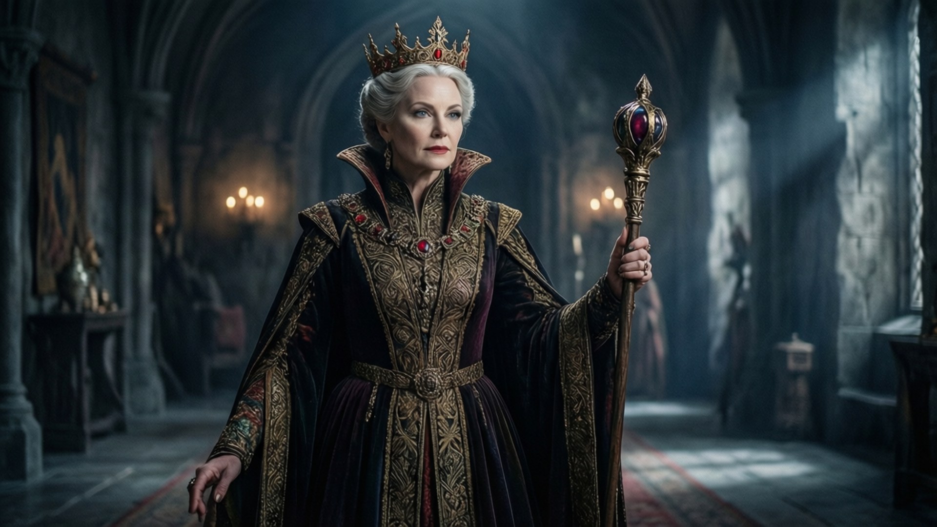 Queen Ingrith Reigns 壁紙 — 一位白髮戴冠的威嚴女王站在昏暗的大教堂中，在戲劇性的燈光下手持鑲有寶石的權杖。