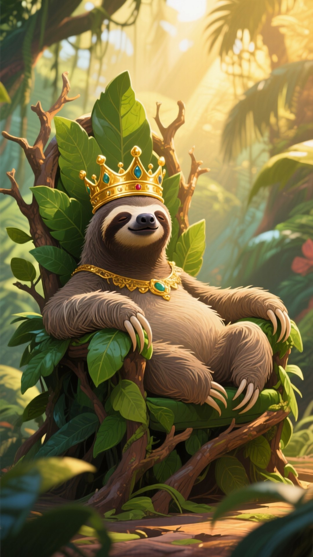 King Sloth on Throne 壁紙 — 一隻戴著鑲有寶石的王冠和金項鍊的威嚴樹懶，懶洋洋地躺在陽光普照的叢林中的樹葉王座上。