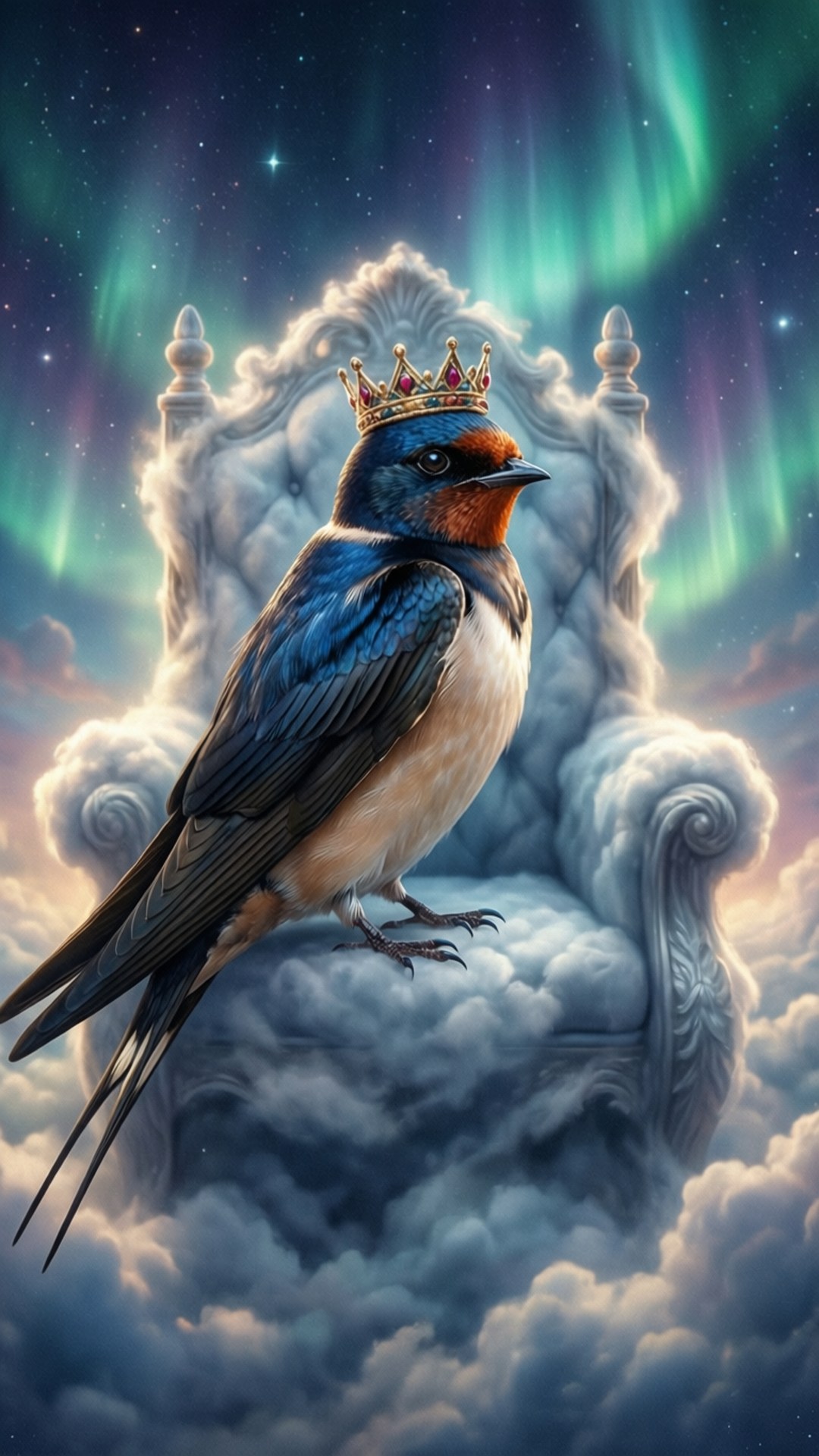 Wave The Swallow 桌布 壁紙 — 一隻戴著鑲寶石王冠的華麗燕子棲息在雲朵寶座上，下方有舞動的綠色極光。