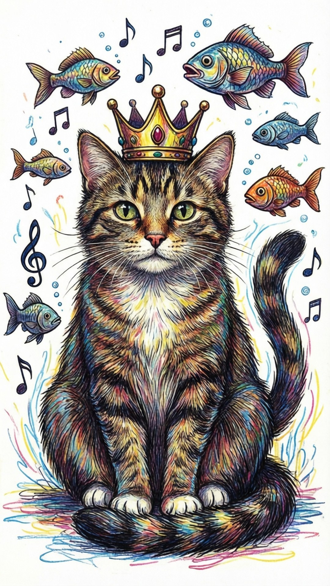 Royal Cat Doodle 壁紙 — 一隻高貴的虎斑貓戴著鑲有寶石的王冠，坐在色彩繽紛的魚和音符環繞的充滿活力的插圖場景中。