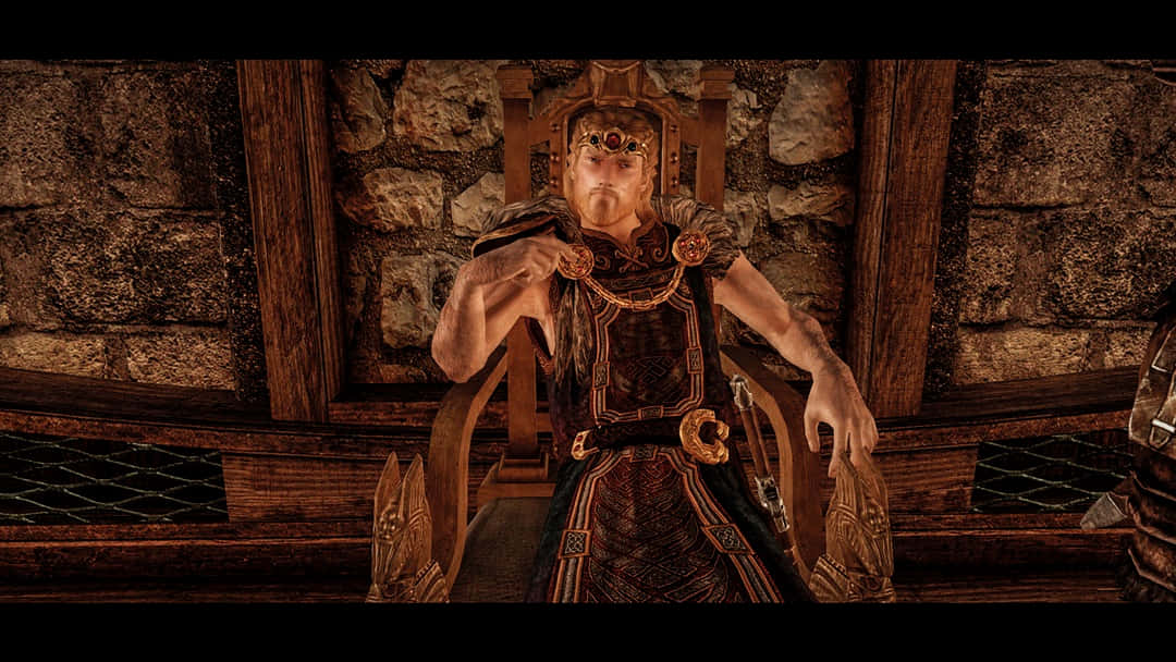 Jarl Balgruuf 桌布 壁紙 — 一位威嚴的戰士國王坐在石牆大廳中裝飾華麗的木製王座上，身著精細的盔甲和皇冠。
