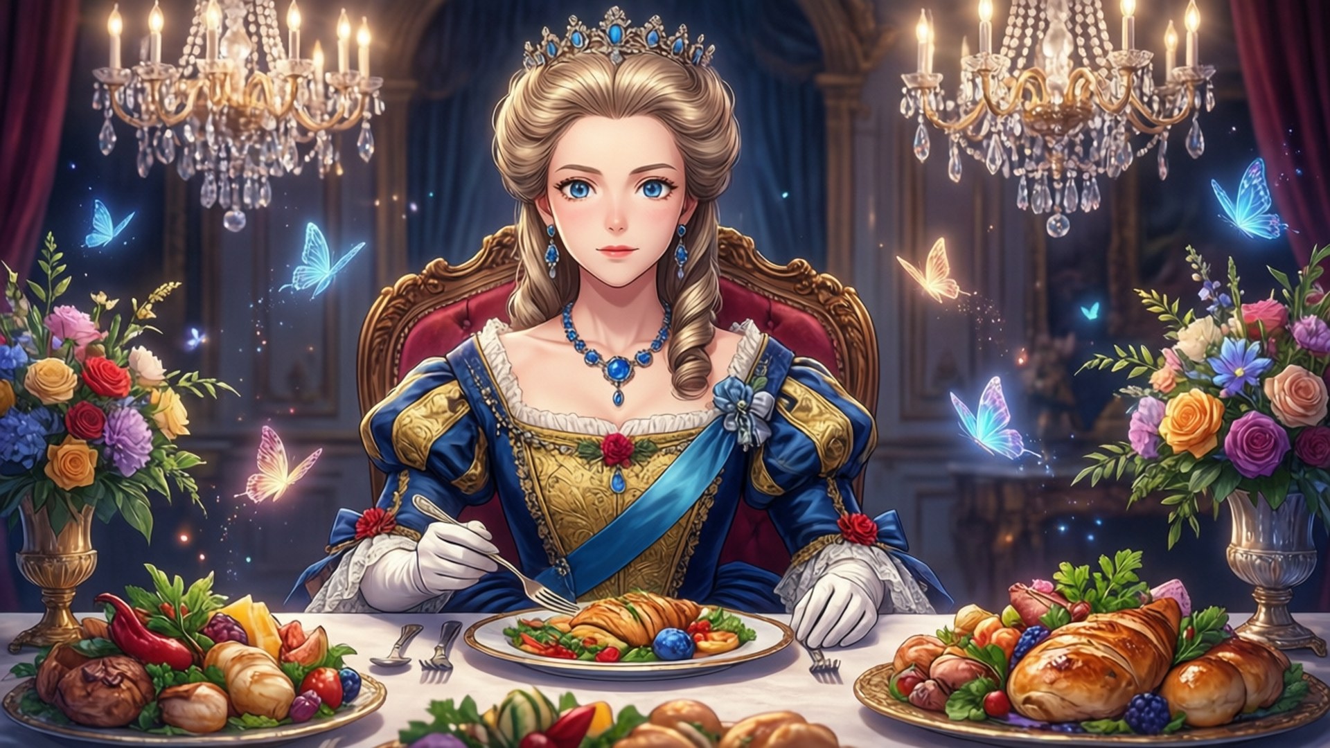 Victoria's Feast 壁紙 — 一位身穿藍金色長袍的貴族女性坐在一張華麗的餐桌旁，餐桌裝飾著鮮花、吊燈和發光的蝴蝶。