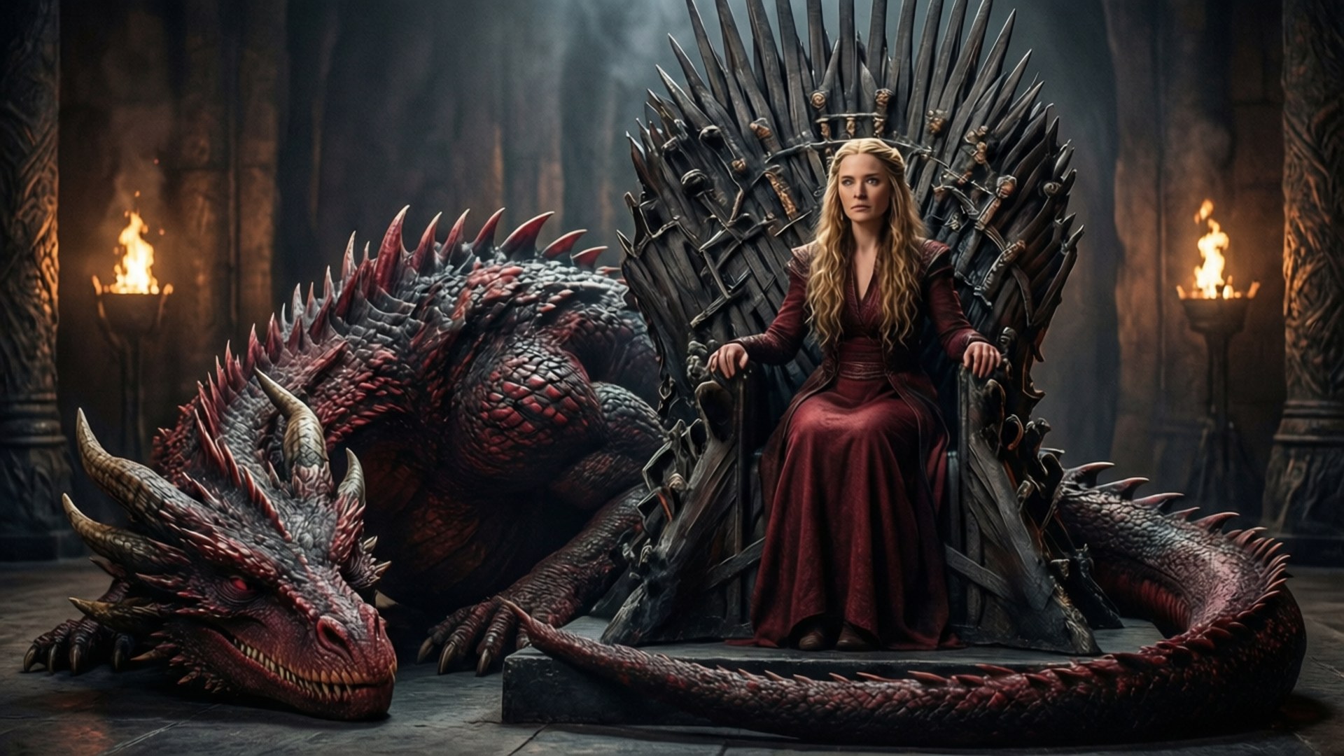 The Iron Throne and Dragon 壁紙 — 一位高貴的女性身穿深紅色長裙，坐在鐵王座上，身旁有一條巨大的紅龍，在昏暗的王座廳中。