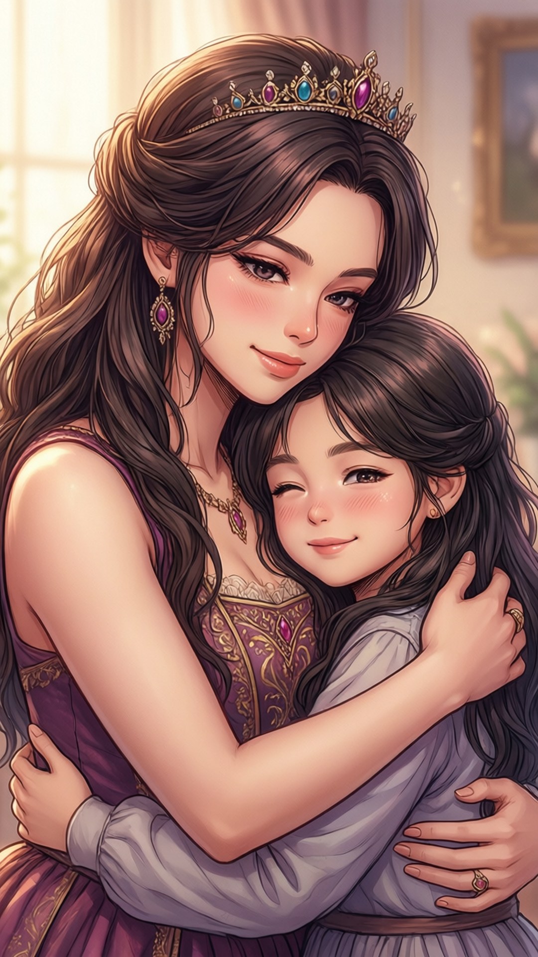 Mother's Love 壁紙 — 一位戴著鑲嵌珠寶王冠的貴族女性在陽光明媚的皇家房間裡擁抱一個年輕女孩。
