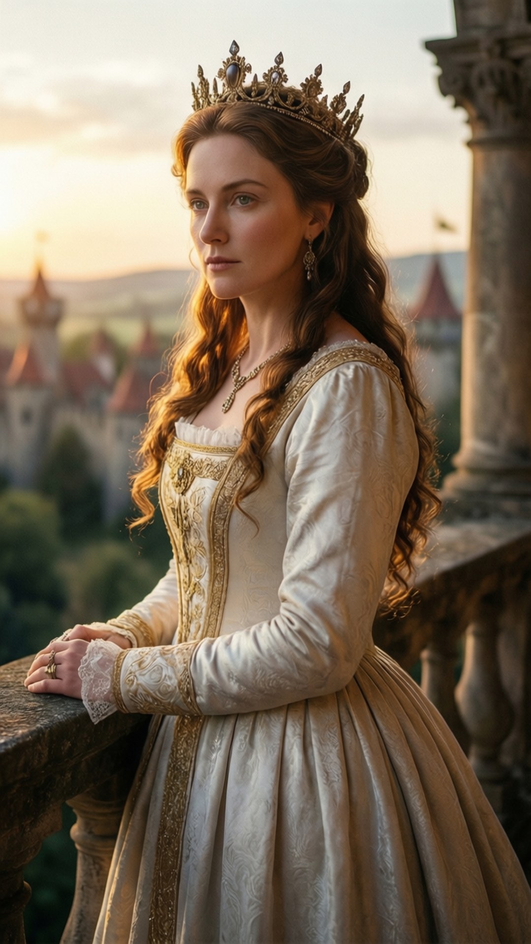 Queen Historia Reign 壁紙 — 一位高貴的女性身穿華麗的奶油色長袍和鑲有寶石的王冠，站在石砌陽台上，俯瞰著陽光普照的城堡。