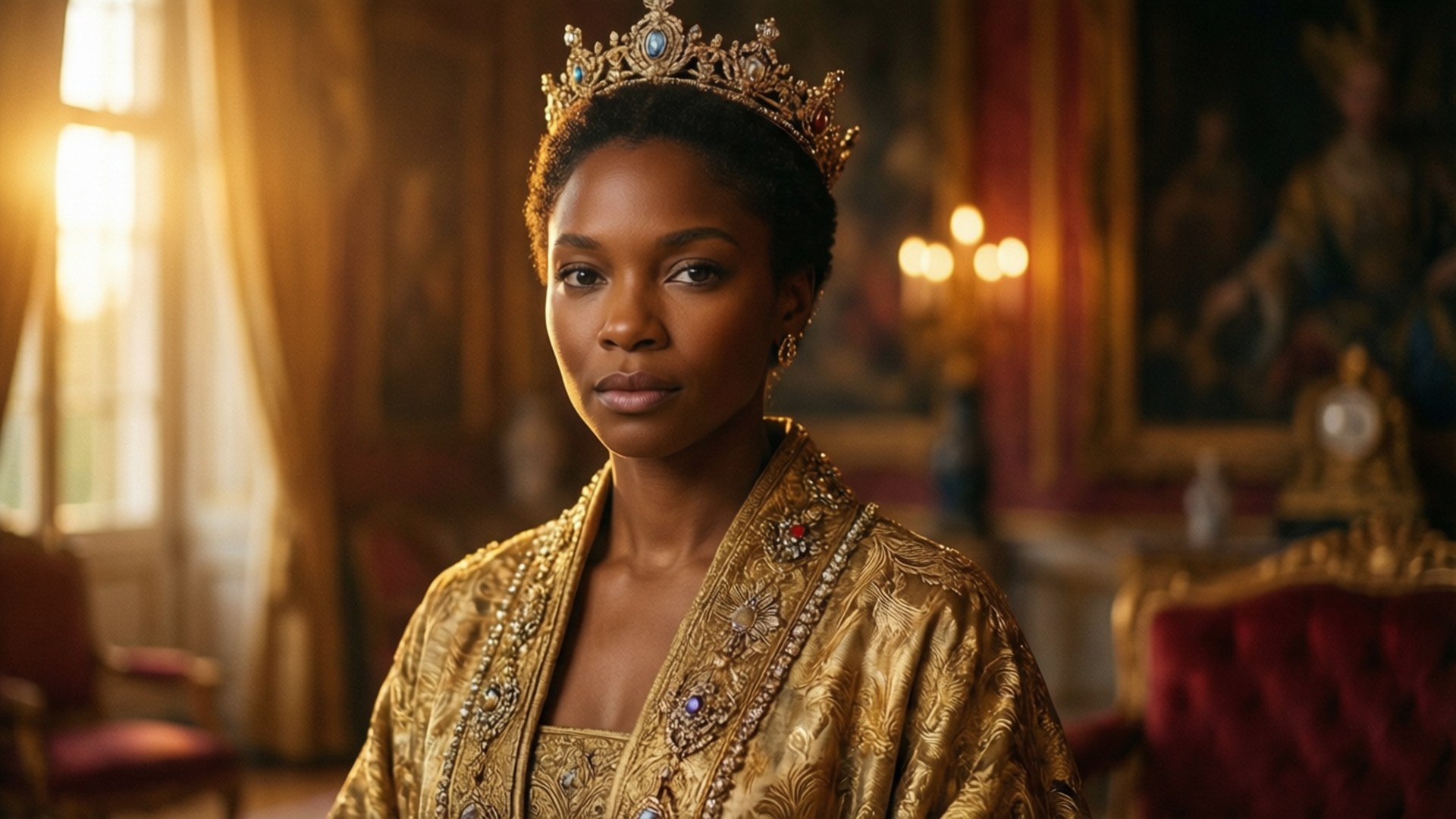 Letitia Wright 桌布 壁紙 — 一位高貴的女性身穿金色皇家服飾，頭戴鑲有寶石的王冠，在陽光普照的豪華宮殿房間中優雅佇立。