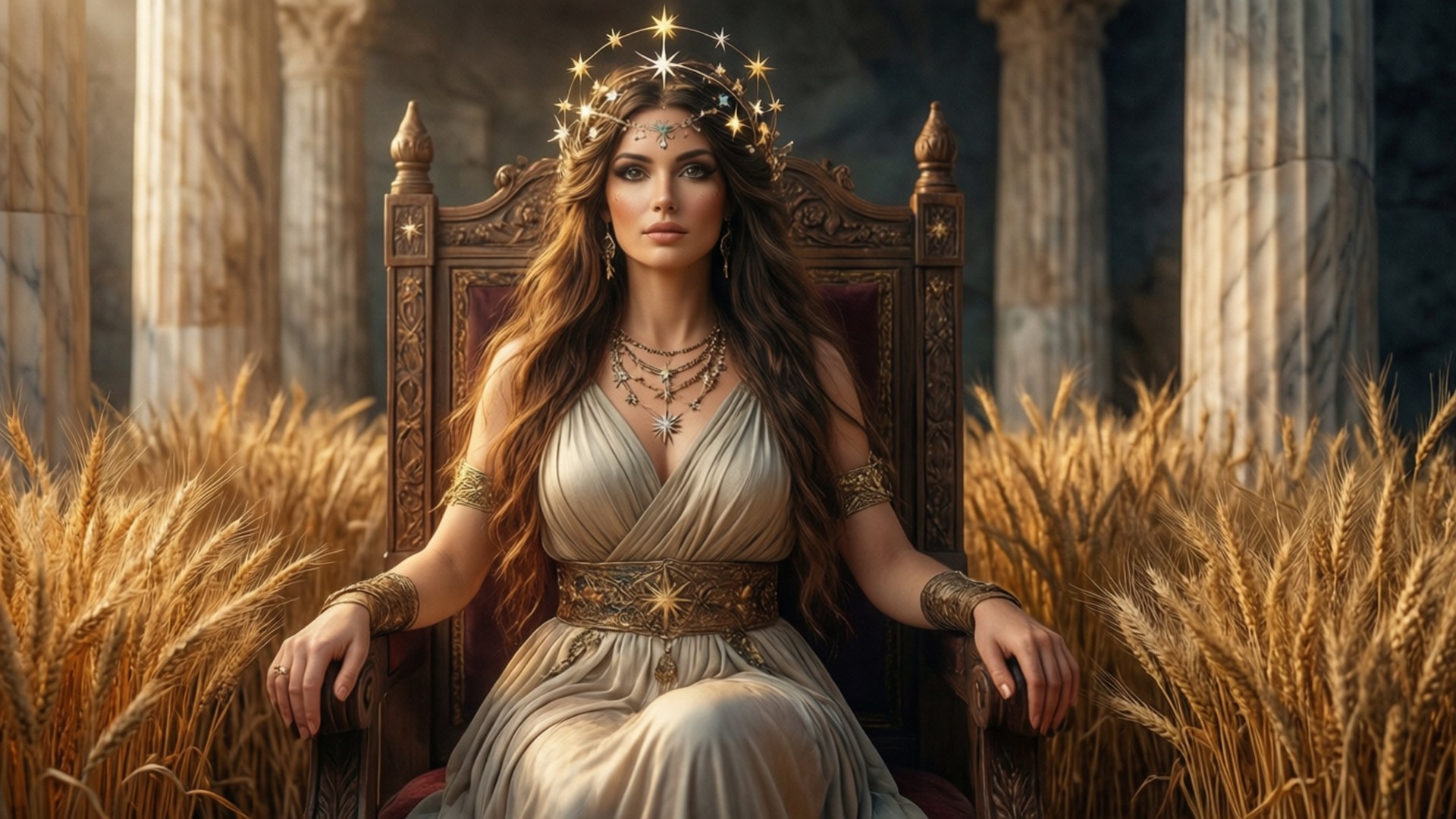 Virgo Goddess Throne 壁紙 — 一位戴著星冠的尊貴女性坐在裝飾華麗的寶座上，周圍環繞著金色小麥，身處有大理石柱的神殿中。