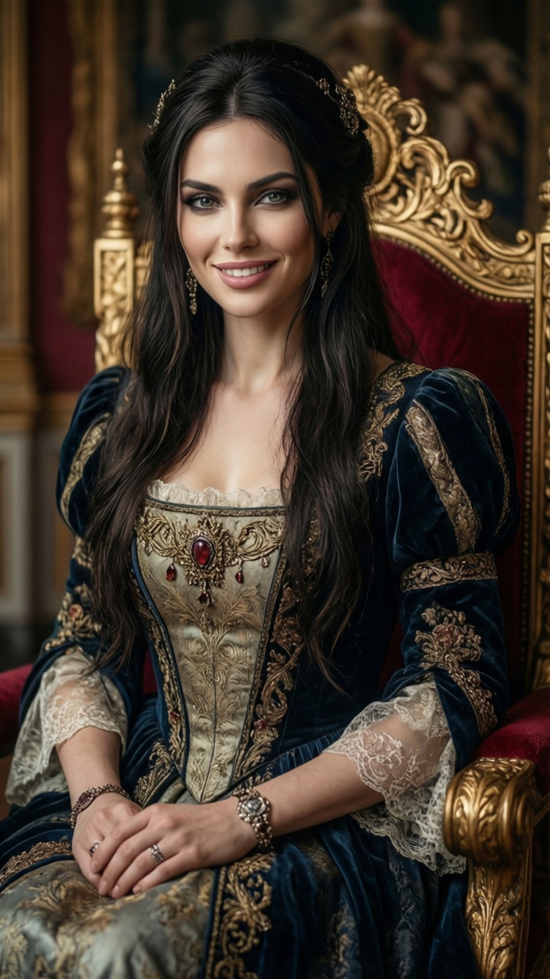Eris Royal Portrait 壁紙 — 一位高貴的黑髮女子帶著燦爛的笑容，優雅地坐在裝飾華麗、鋪有紅色天鵝絨的金色王座上。