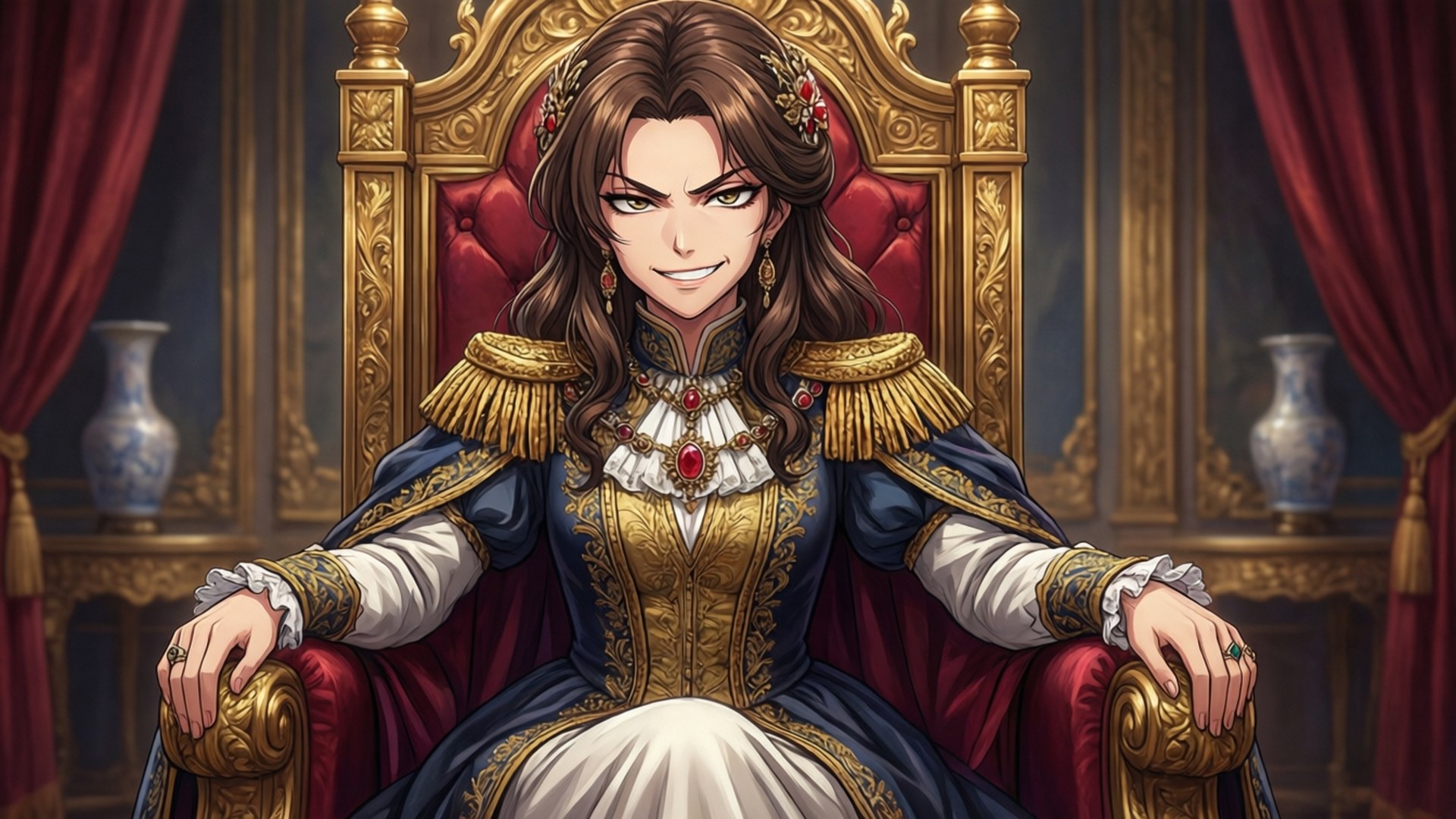 Throne of Flare 壁紙 — 一位高貴的長髮棕髮女性自信地坐在豪華宮殿房間內裝飾華麗的黃金王座上，配有紅色天鵝絨靠墊。