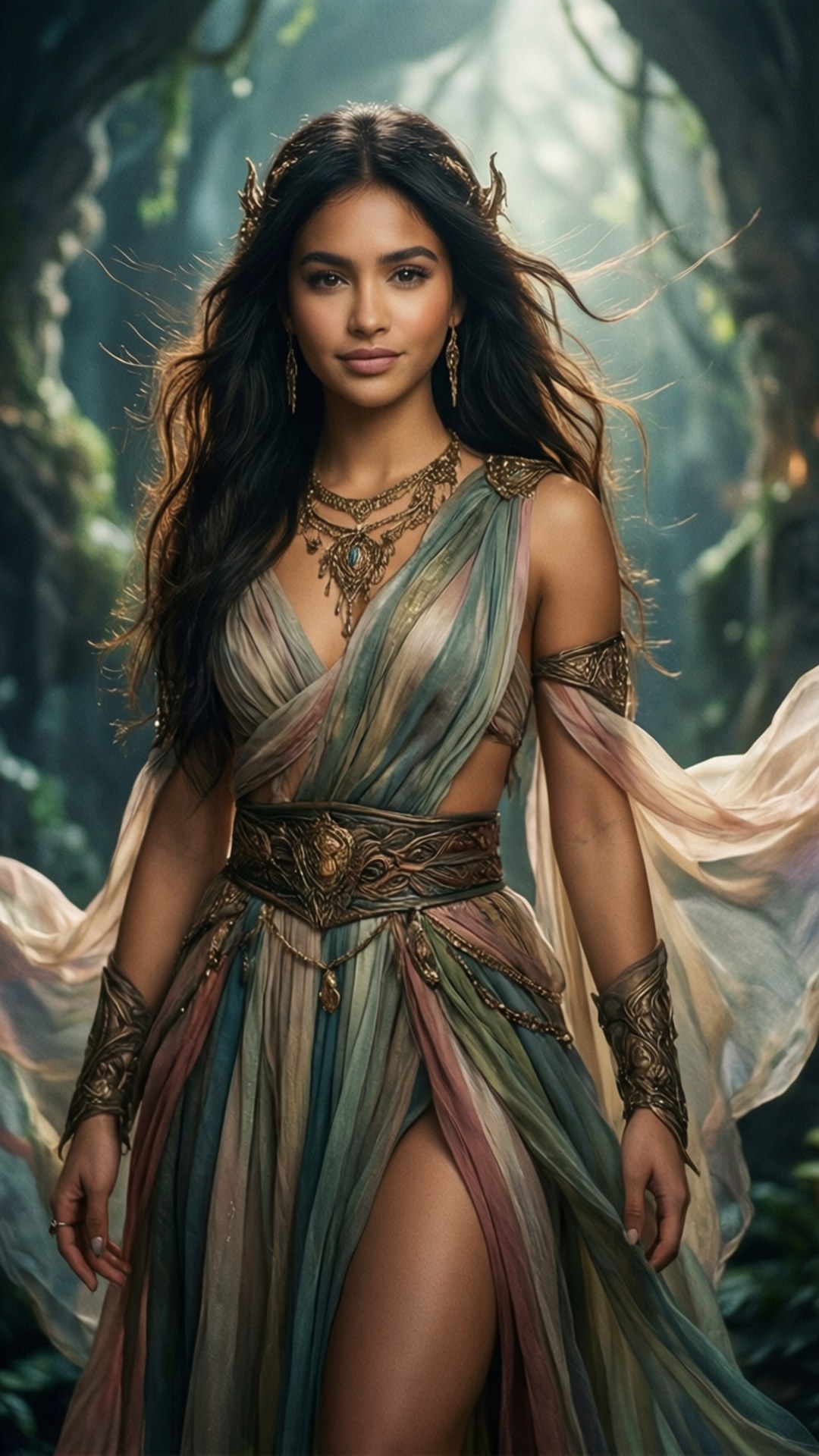 Fantasy Goddess Look 壁紙 — 一位高貴的長黑髮女子穿著大地色調的華麗飄逸長袍，站在陽光普照的神秘森林中。