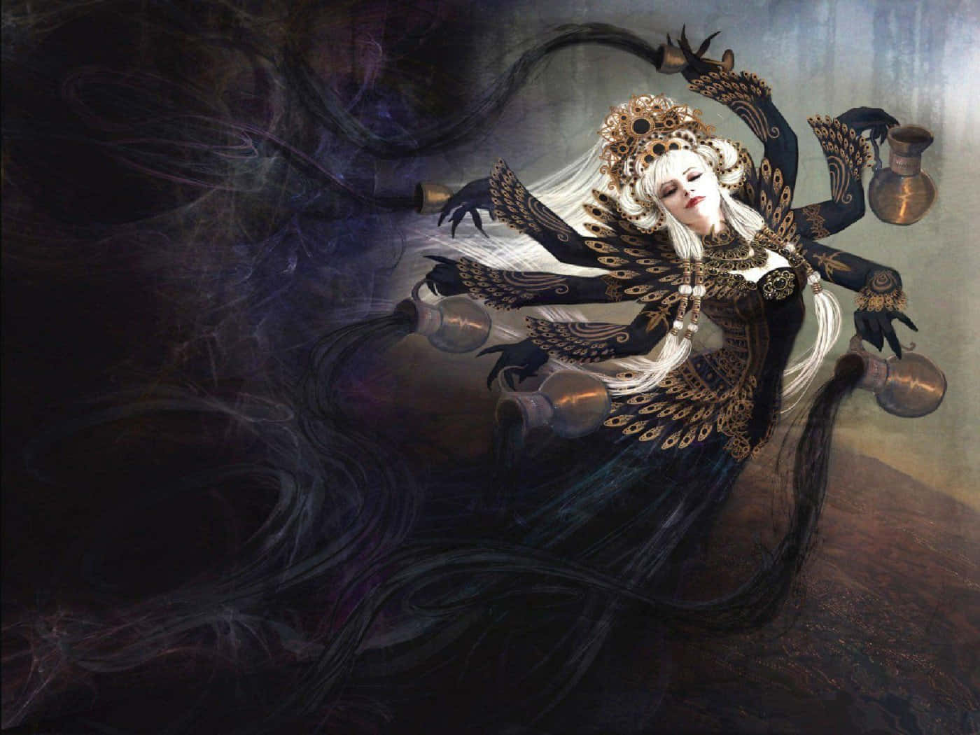 Fantasy Characters 桌布 壁紙 — 一位高貴的女性，擁有多隻手臂，穿著華麗的黑色和金色服飾，在旋轉的黑暗迷霧背景下手持發光的容器。