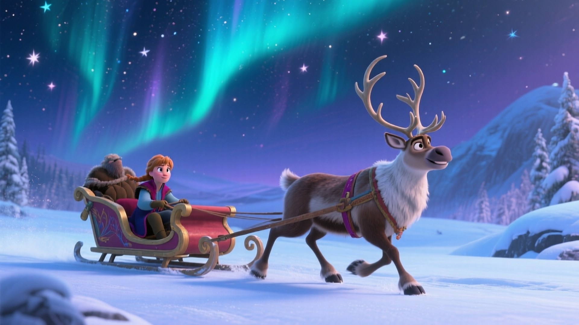 Sleigh Ride Under the Lights 壁紙 — 一隻馴鹿拉著雪橇，載著兩位乘客，穿過雪地景觀，在充滿活力的綠色和紫色極光下。