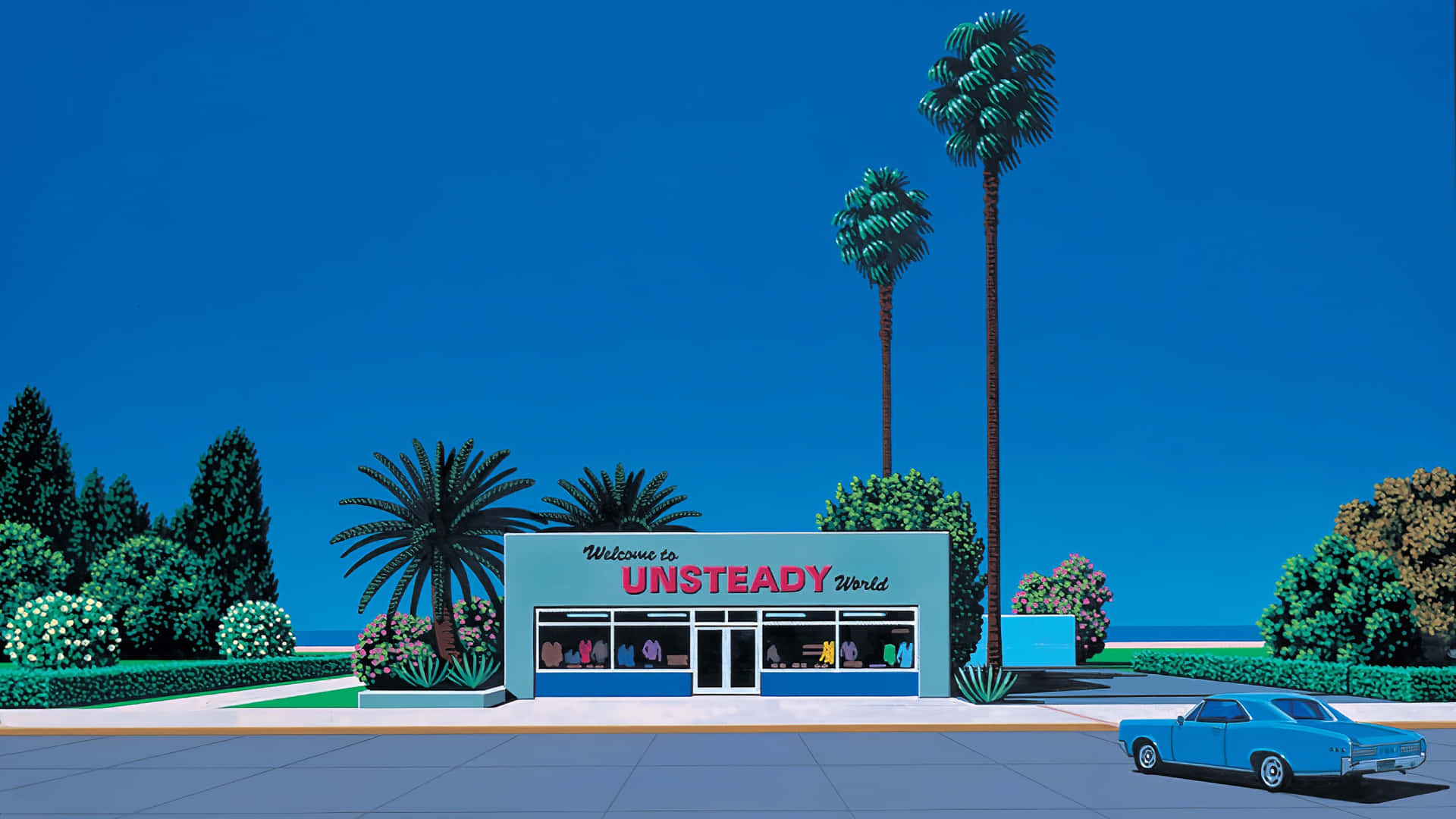  壁紙 — 一輛復古藍色汽車停在名為 'UNSTEADY World' 的粉彩店面前，上方是蔚藍的天空和棕櫚樹。