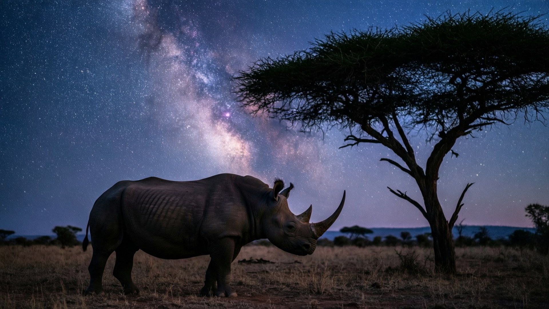 Starry Night Rhino 壁紙 — 一頭犀牛站在星空下，銀河在頭頂拱起，附近有一棵金合歡樹。