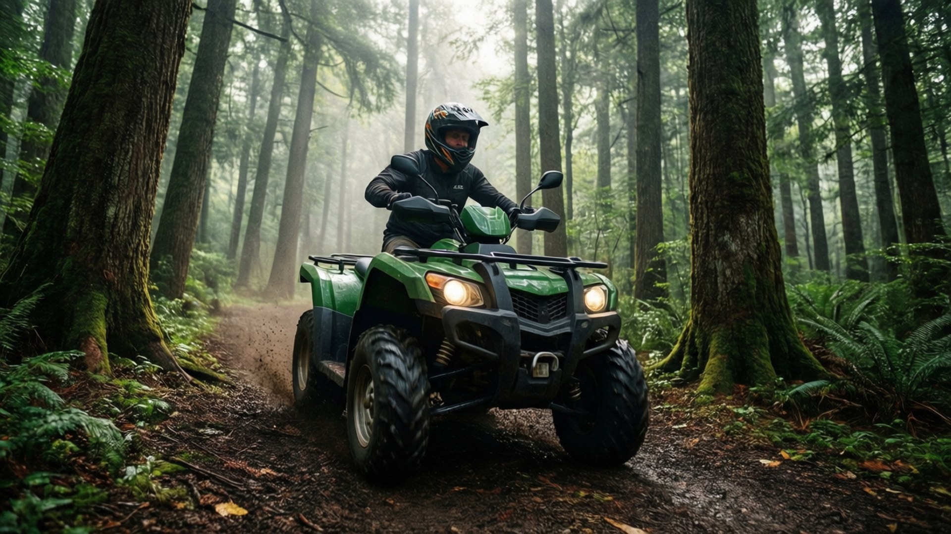 Four Wheelers 桌布 壁紙 — 一名全副裝備的騎士駕駛綠色ATV穿越迷霧森林，森林中有高聳的苔蘚覆蓋的樹木和蕨類植物。