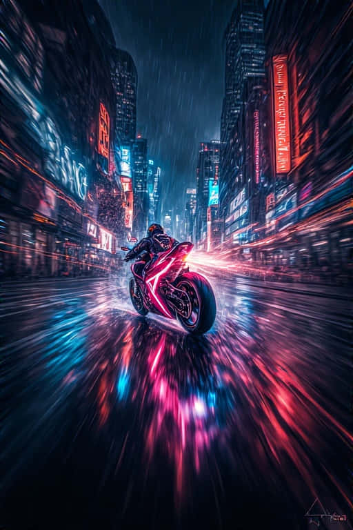 一名騎士在夜間騎著一輛發光的紅色摩托車，飛馳在雨水浸透、霓虹燈閃爍的城市街道上。 — 4K 壁紙