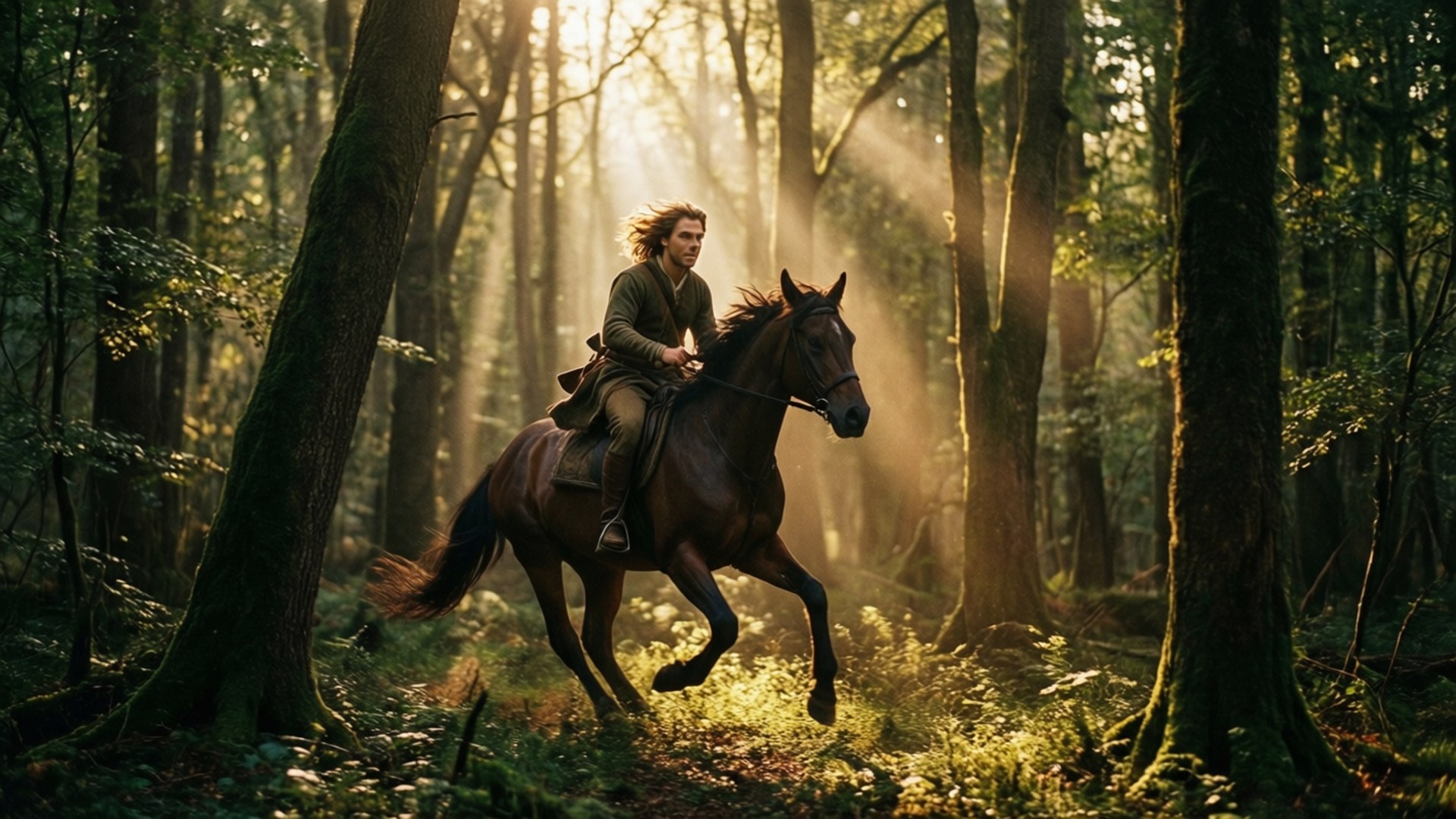 Forest Ride 壁紙 — 一位騎手飄逸著長髮，騎著一匹深棕色的馬，奔馳在陽光普照的森林中，金色光線穿過高大的樹木。