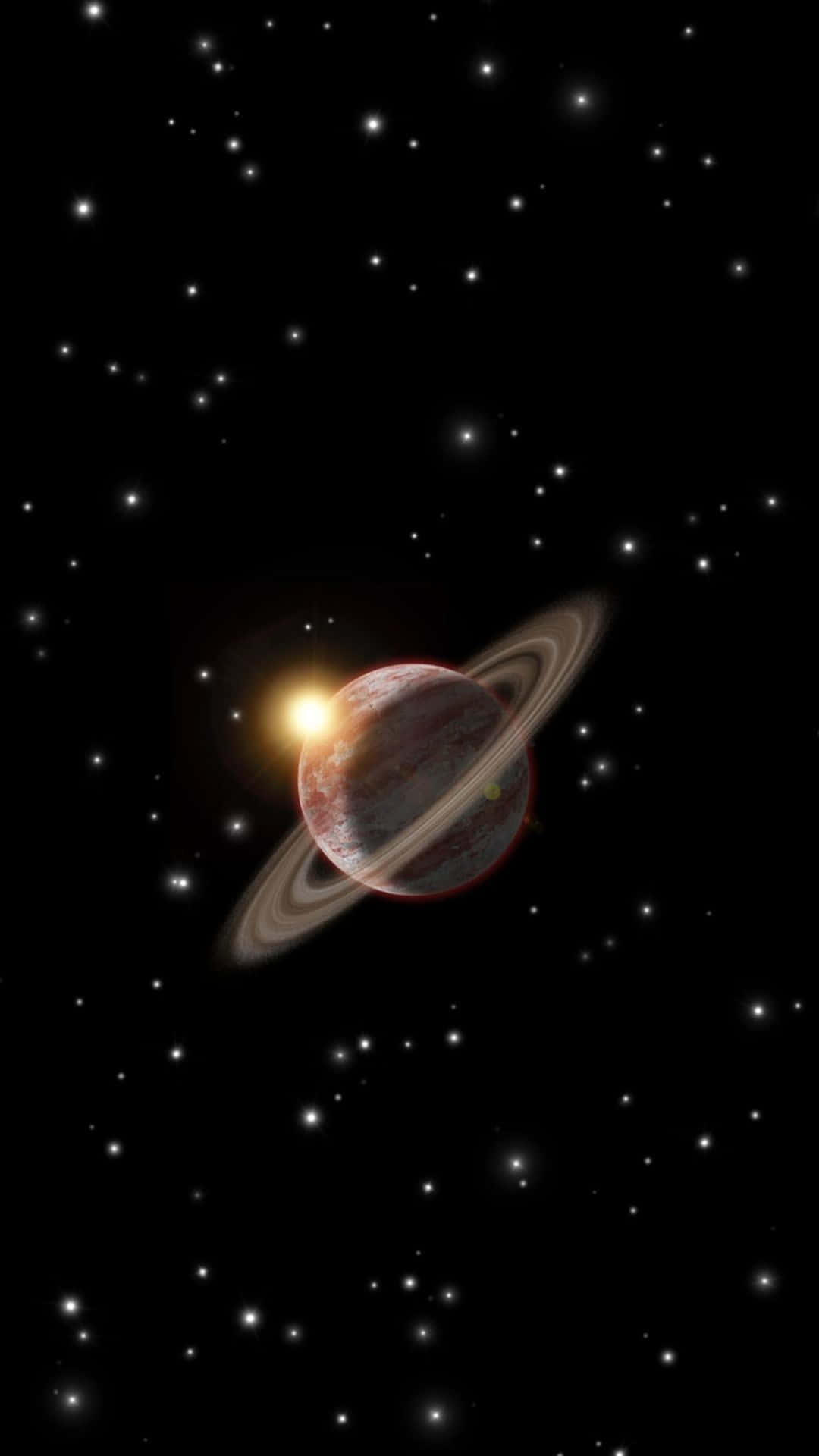  壁紙 — 一顆帶環行星在遙遠太陽下，於深空星場中發光。