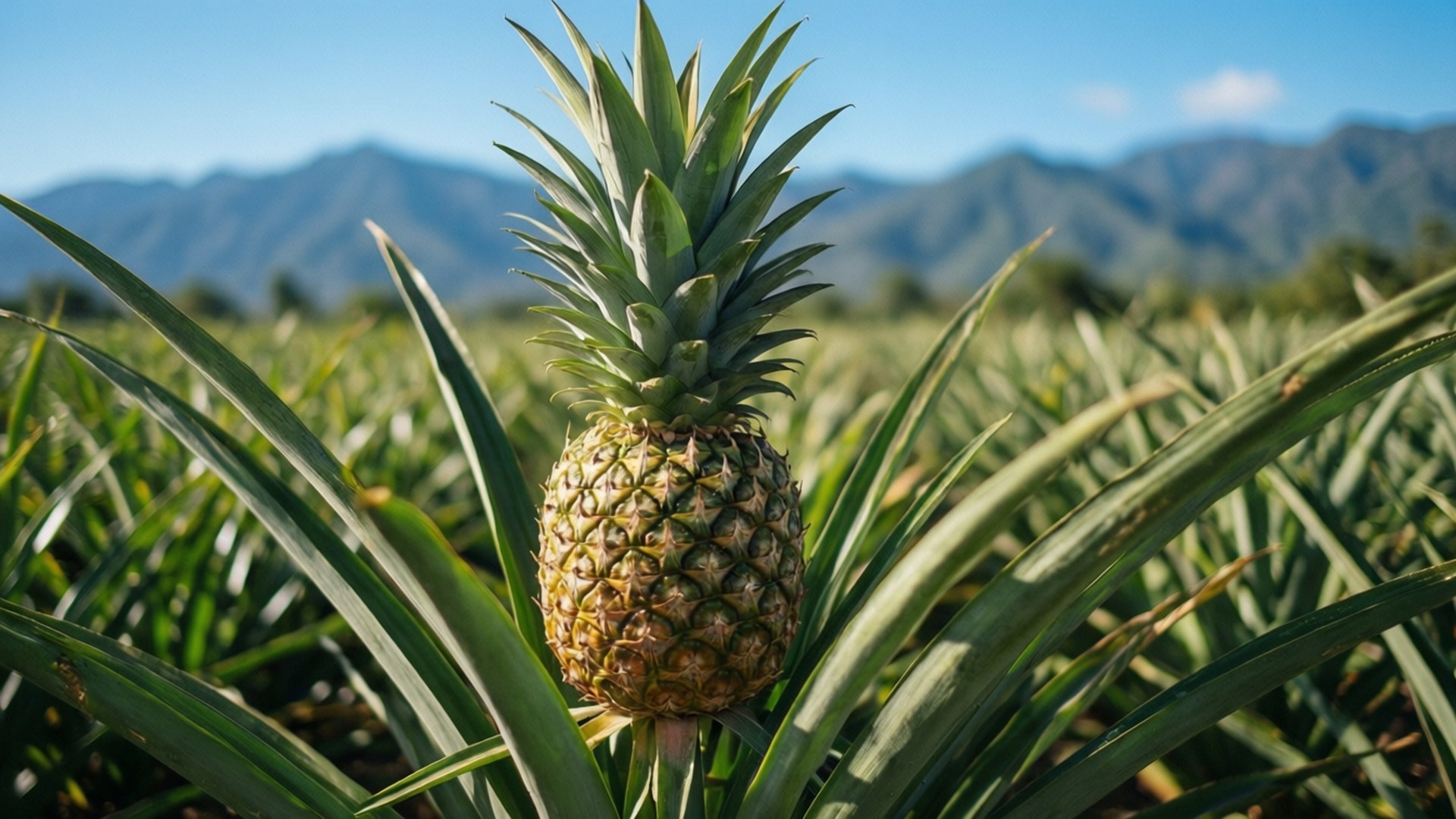 Pineapple in the Field 壁紙 — 成熟的鳳梨在茂密的綠葉中生長，遠處有山脈，天空清澈湛藍。