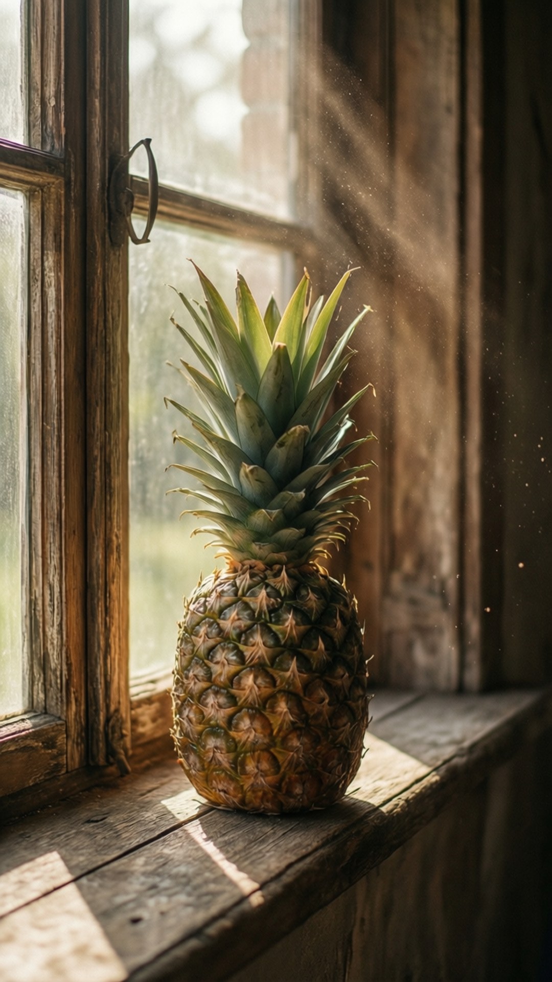 Pineapple Windowsill Sun 壁紙 — 一個成熟的鳳梨放在一個經風化的木窗台上，沐浴在從鄉村風格的窗戶射進來的溫暖陽光中。