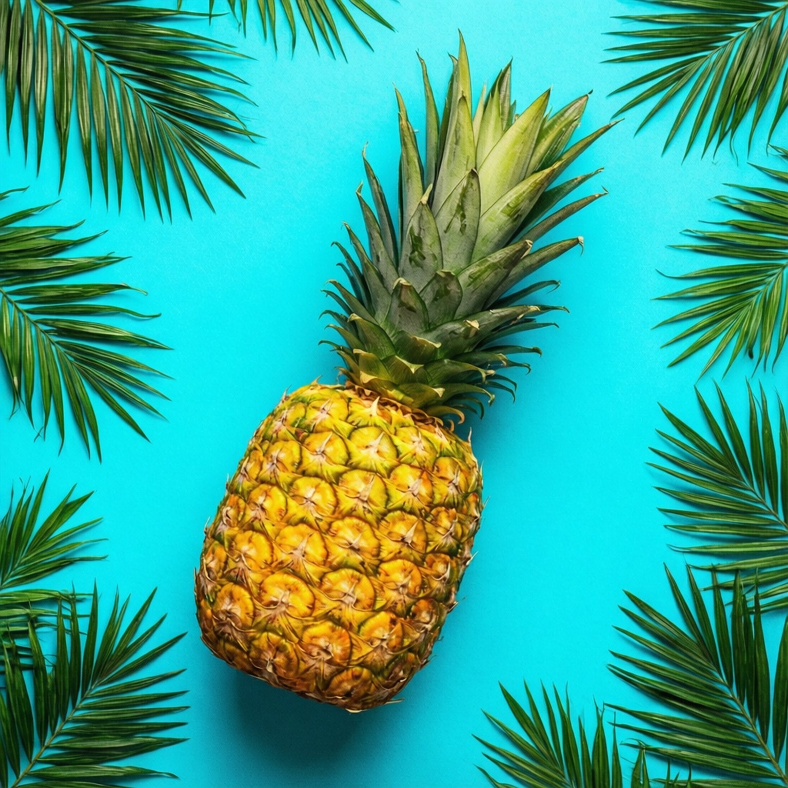 Pineapple Tropical 壁紙 — 一個成熟的鳳梨，帶有尖刺的綠色冠部，位於明亮的青色背景中央，周圍環繞著綠色棕櫚葉。