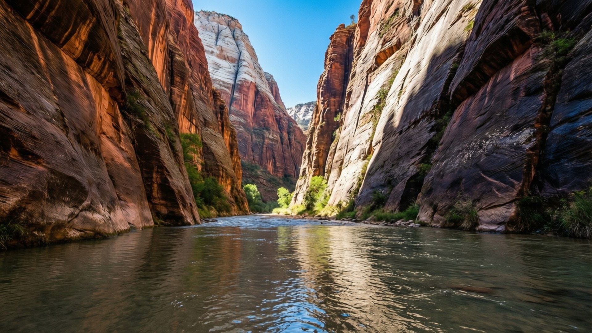 Zion Narrows River View 壁紙 — 在狹窄的峽谷中，一條河流蜿蜒穿過高聳的紅色砂岩懸崖，上方是清澈的藍天。