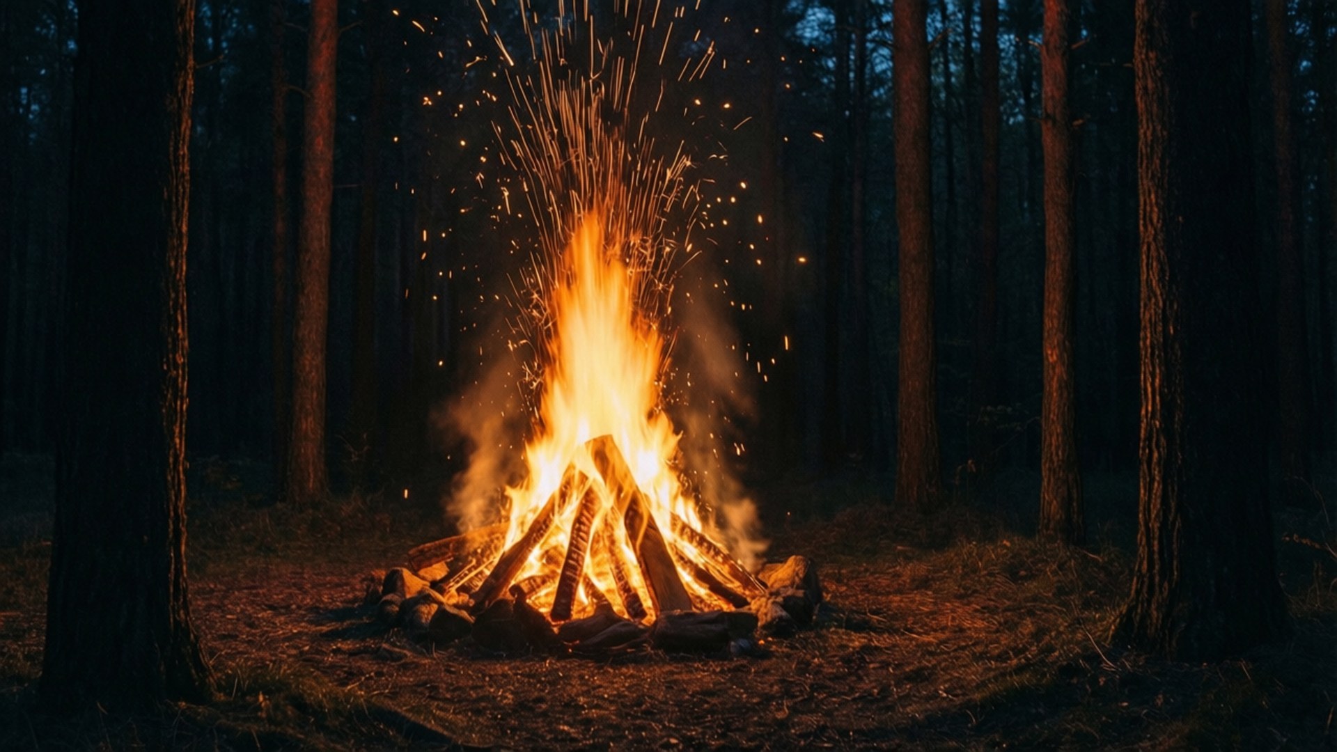 Bonfire in the Dark Woods 壁紙 — 一個咆哮的營火，帶有飛舞的火花，照亮了夜晚被高大樹木環繞的黑暗森林。